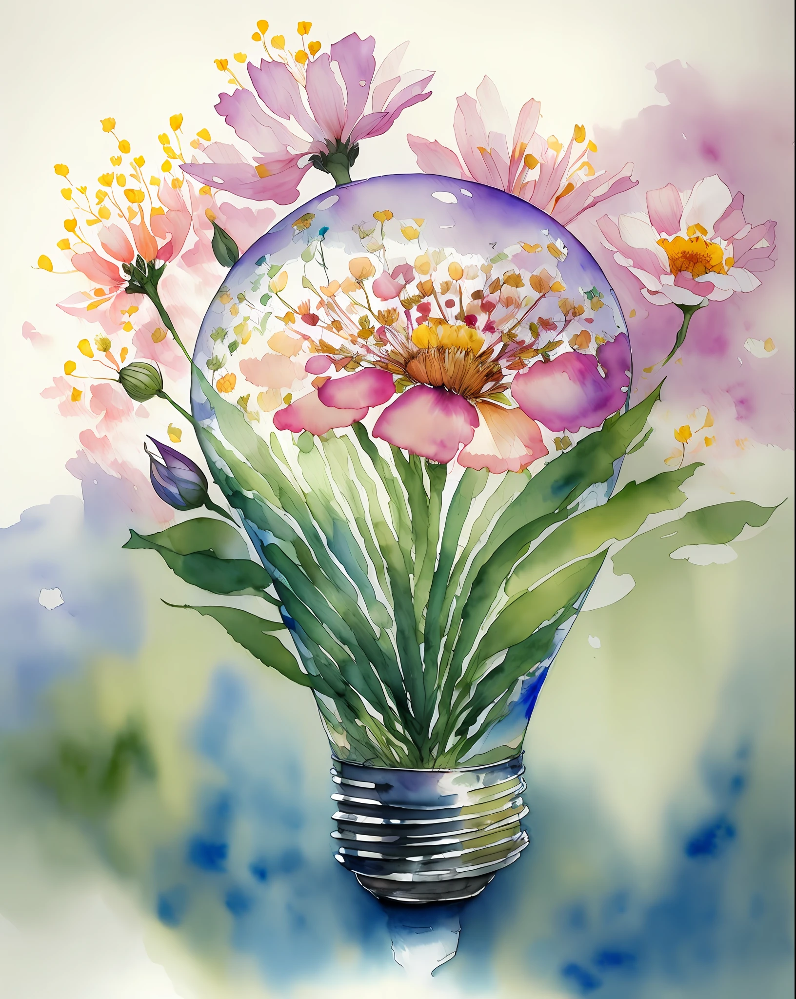 a painting of a light bulb with flowers inside of it, lights with bloom, lightbulb, light bulb, beautiful lit, beautifully lit, brightly lit, watercolor detailed art, an upright lightbulb, light bloom, lamps and flowers, light watercolour painting, by david rubín, by John Backderf, watercolor painting style, highly creative, detailed watercolour
