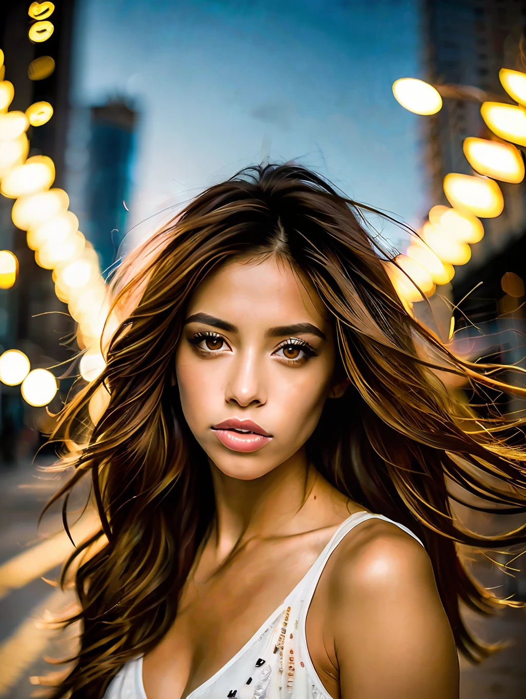 portrait of an insanely stunning beautiful sexy Brazilian woman in a big city environment, messy windy light brown hair, flipping hair, honey eyes, symmetrical face, dramatic lighting, Chaotic atmosphere, sharp eyes, (extreme skin details) ultra realistic, rule of thirds, dramatic overhead lighting, detailed face, cute, shallow depth of field, intricate details, gold rays,