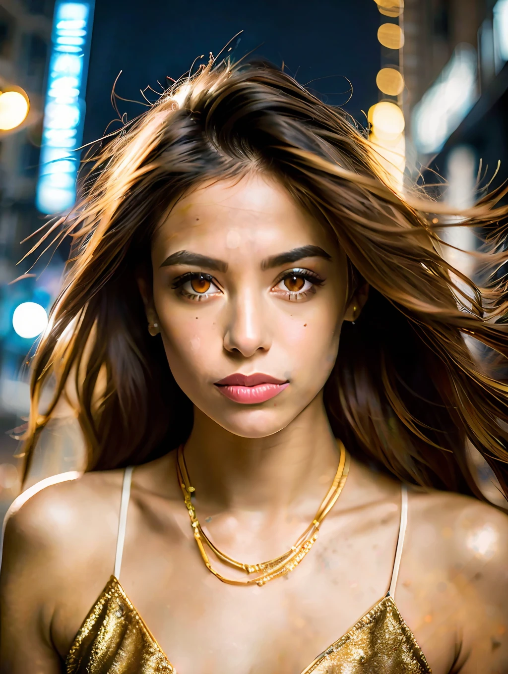 portrait of an insanely stunning beautiful sexy Brazilian woman in a big city environment, messy windy light brown hair, flipping hair, honey eyes, symmetrical face, dramatic lighting, Chaotic atmosphere, sharp eyes, (extreme skin details) ultra realistic, rule of thirds, dramatic overhead lighting, detailed face, cute, shallow depth of field, intricate details, gold rays,