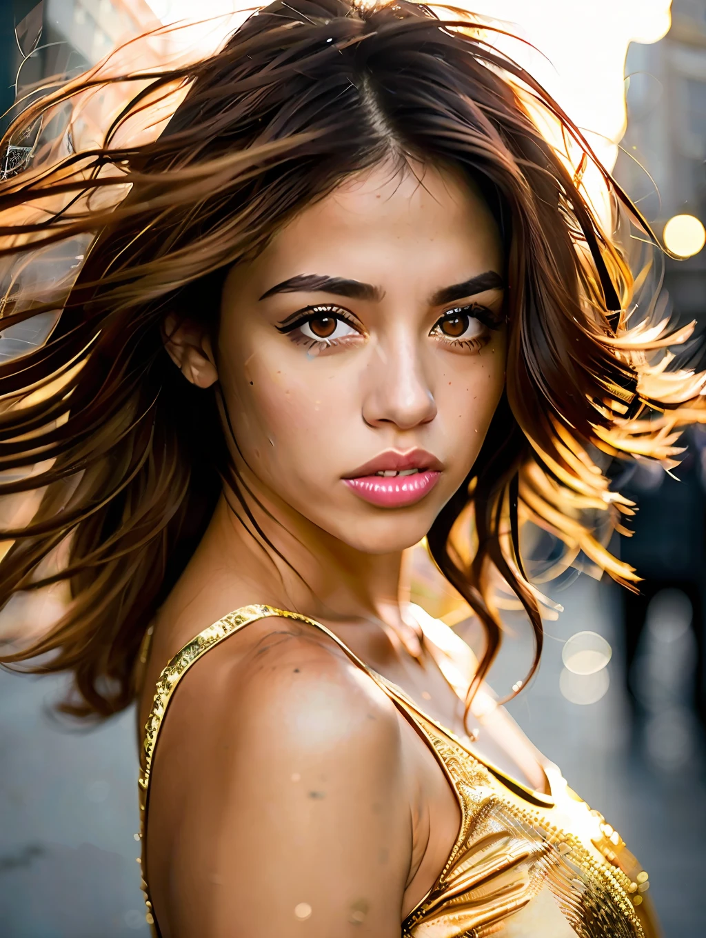 portrait of an insanely stunning beautiful sexy Brazilian woman in a big city environment, messy windy light brown hair, flipping hair, honey eyes, symmetrical face, dramatic lighting, Chaotic atmosphere, sharp eyes, (extreme skin details) ultra realistic, rule of thirds, dramatic overhead lighting, detailed face, cute, shallow depth of field, intricate details, gold rays,