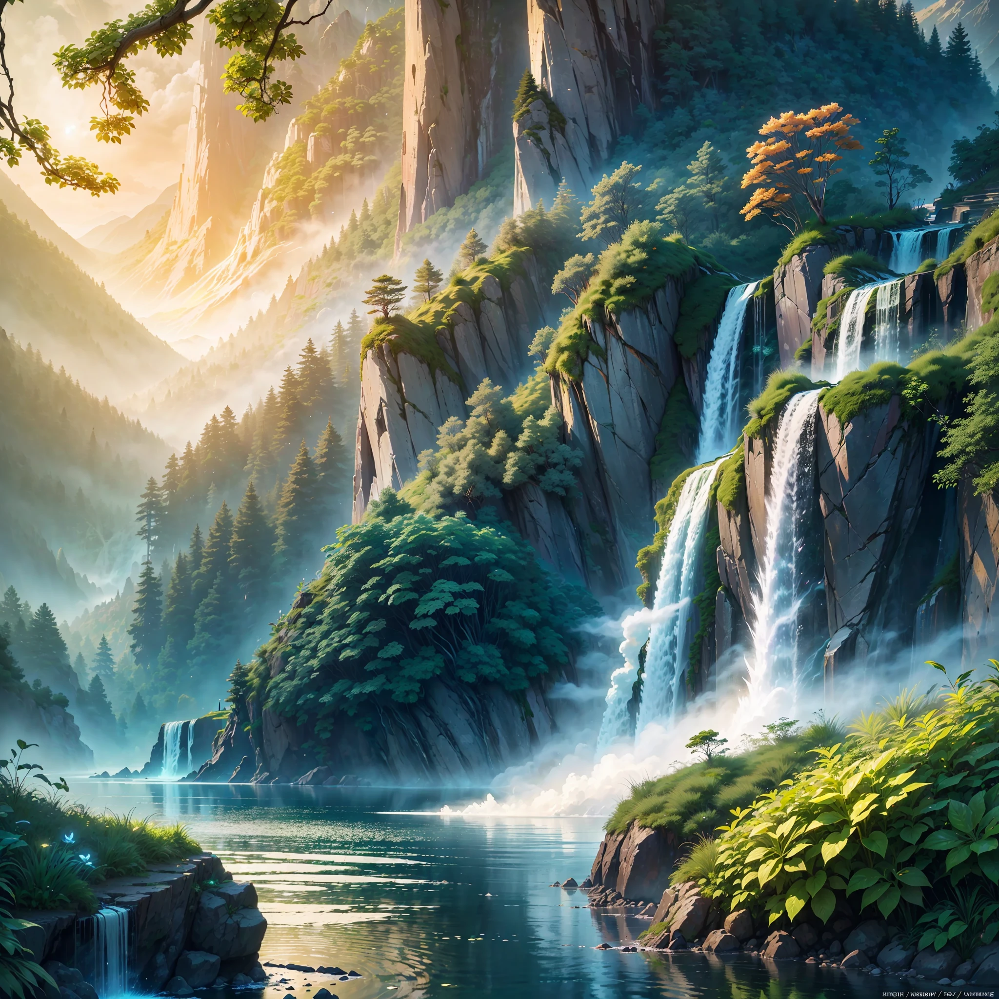 (extremely detailed CG unity 8k wallpaper,masterpiece, best quality, ultra-detailed),(best illumination, best shadow, an extremely delicate and beautiful),waterfall, mountains, mist,[sunray:1.2],neon glow on the rocks,(burning flame:1.1),(lush greenery:1.3), climbing vines, nature's purity and calm. --auto --s2
