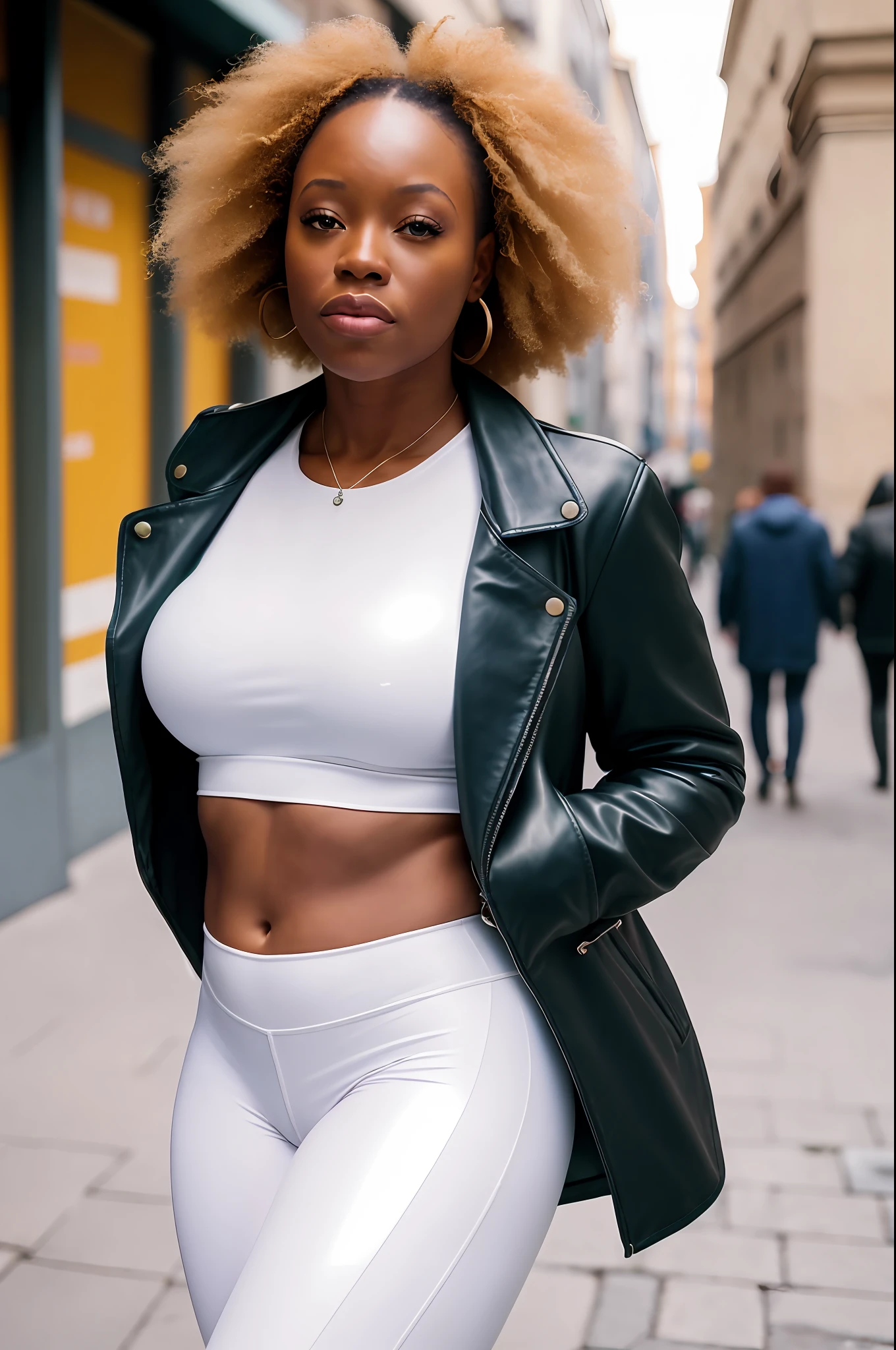 masterpiece,ultra realistic,full body photo of ,1african american girl, big breast, white leggings, leather jacket, high heels, skin pores visible, street, italy street, (film grain:1.2), (film overlay:1.3), night,, looking at viewer, hyper detailed POV, by lee jeffries, nikon d850, film stock photograph ,4 kodak portra 400 ,camera f1.6 lens ,rich colors ,hyper realistic ,lifelike texture, dramatic lighting , cinestill 800,