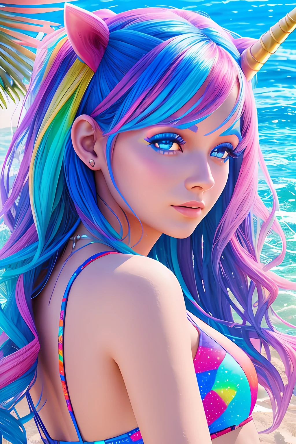 Woman in beachwear on blue lake, stroking head of colorful unicorn, photorealistic, 60k, AI DESIGNER BR, DreamShapper v5, uhd, hyperrealism, hypermaximalist, masterpiece --auto --s2