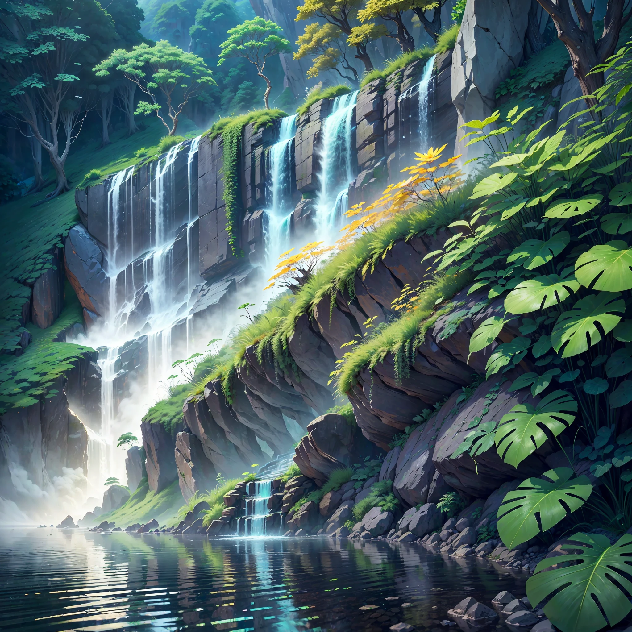(extremely detailed CG unity 8k wallpaper,masterpiece, best quality, ultra-detailed),(best illumination, best shadow, an extremely delicate and beautiful),waterfall, mountains, mist,[sunray:1.2],neon glow on the rocks,(burning flame:1.1),(lush greenery:1.3), climbing vines, nature's purity and calm. --auto --s2