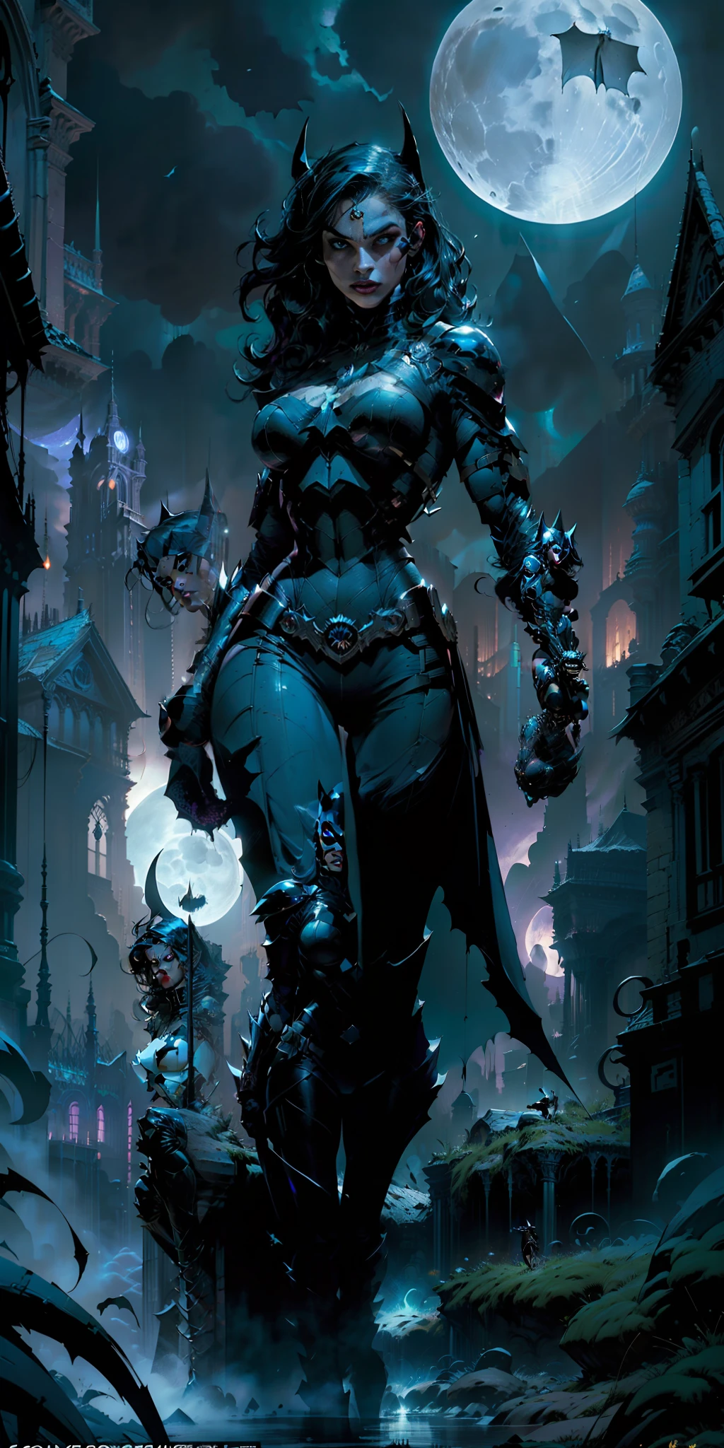 The dark knight's Bat-woman is imposing in a Gothic lost city. Moonlight highlights her slender body of large breasts, The scenery is lush and mysterious, with futuristic technology and surroundings. The camera details everything, a warrior woman, in front of him.