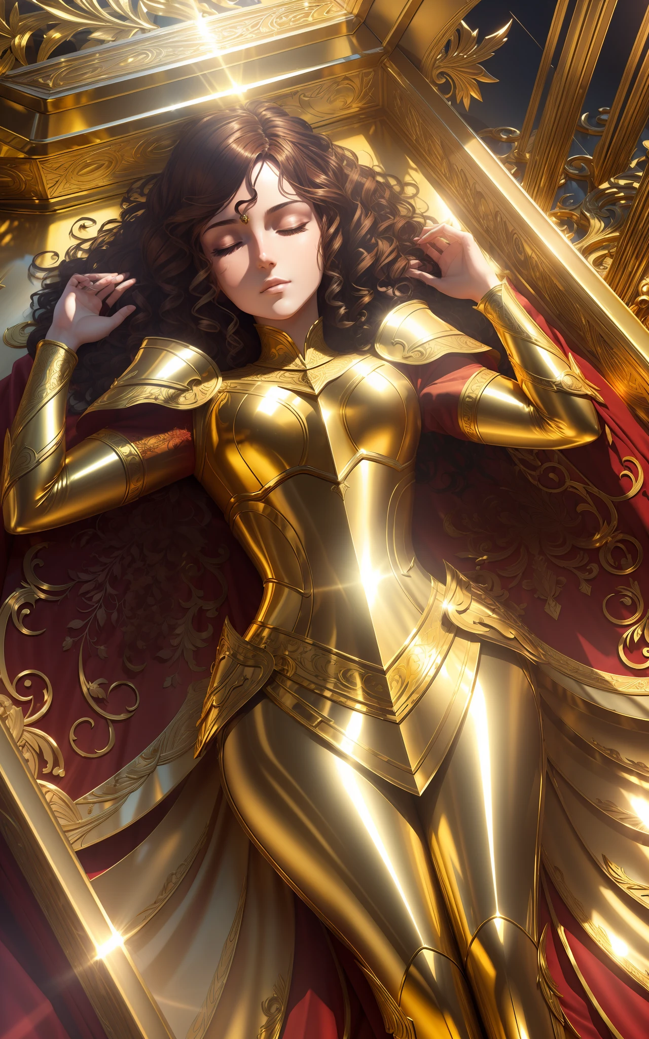 award winning concept art of tall (1girl:1.2) in gold and red shiny ornate armor lying in the coffin, closed eyes, hands on chest, epic, god rays, centered, (masterpiece:1.2), (best quality:1.2), Amazing, highly detailed, beautiful, finely detailed, warm soft color grading, Depth of field, extremely detailed 8k, fine art, stunning, iridescent, shiny, (light reflections:1.2), (crisp:1.5), curls, vibrant, sunlit, edge detection