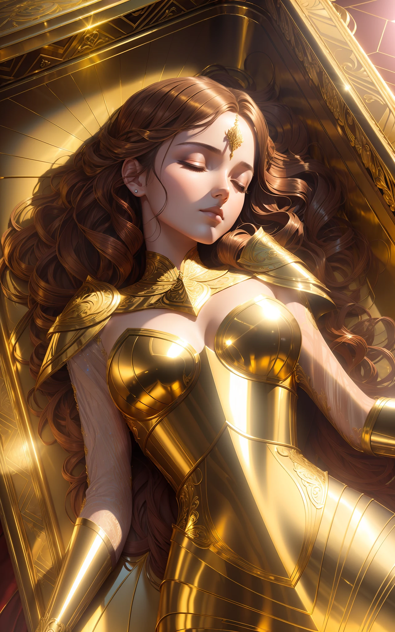 award winning concept art of tall (1girl:1.2) in gold and red shiny ornate armor lying in the coffin, closed eyes, hands on chest, epic, god rays, centered, (masterpiece:1.2), (best quality:1.2), Amazing, highly detailed, beautiful, finely detailed, warm soft color grading, Depth of field, extremely detailed 8k, fine art, stunning, iridescent, shiny, (light reflections:1.2), (crisp:1.5), curls, vibrant, sunlit, edge detection