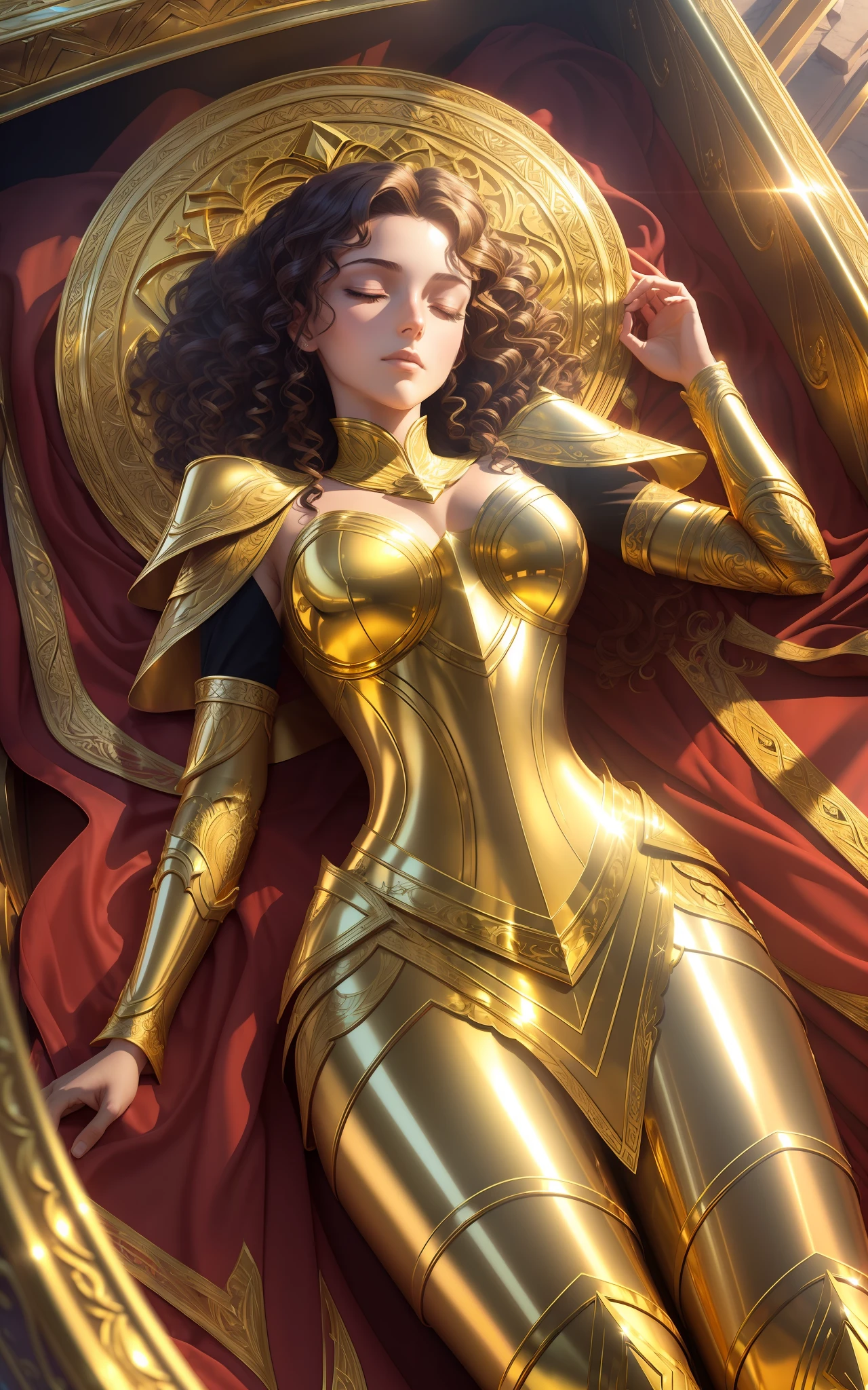 award winning concept art of tall (1girl:1.2) in gold and red shiny ornate armor lying in the coffin, closed eyes, hands on chest, epic, god rays, centered, (masterpiece:1.2), (best quality:1.2), Amazing, highly detailed, beautiful, finely detailed, warm soft color grading, Depth of field, extremely detailed 8k, fine art, stunning, iridescent, shiny, (light reflections:1.2), (crisp:1.5), curls, vibrant, sunlit, edge detection