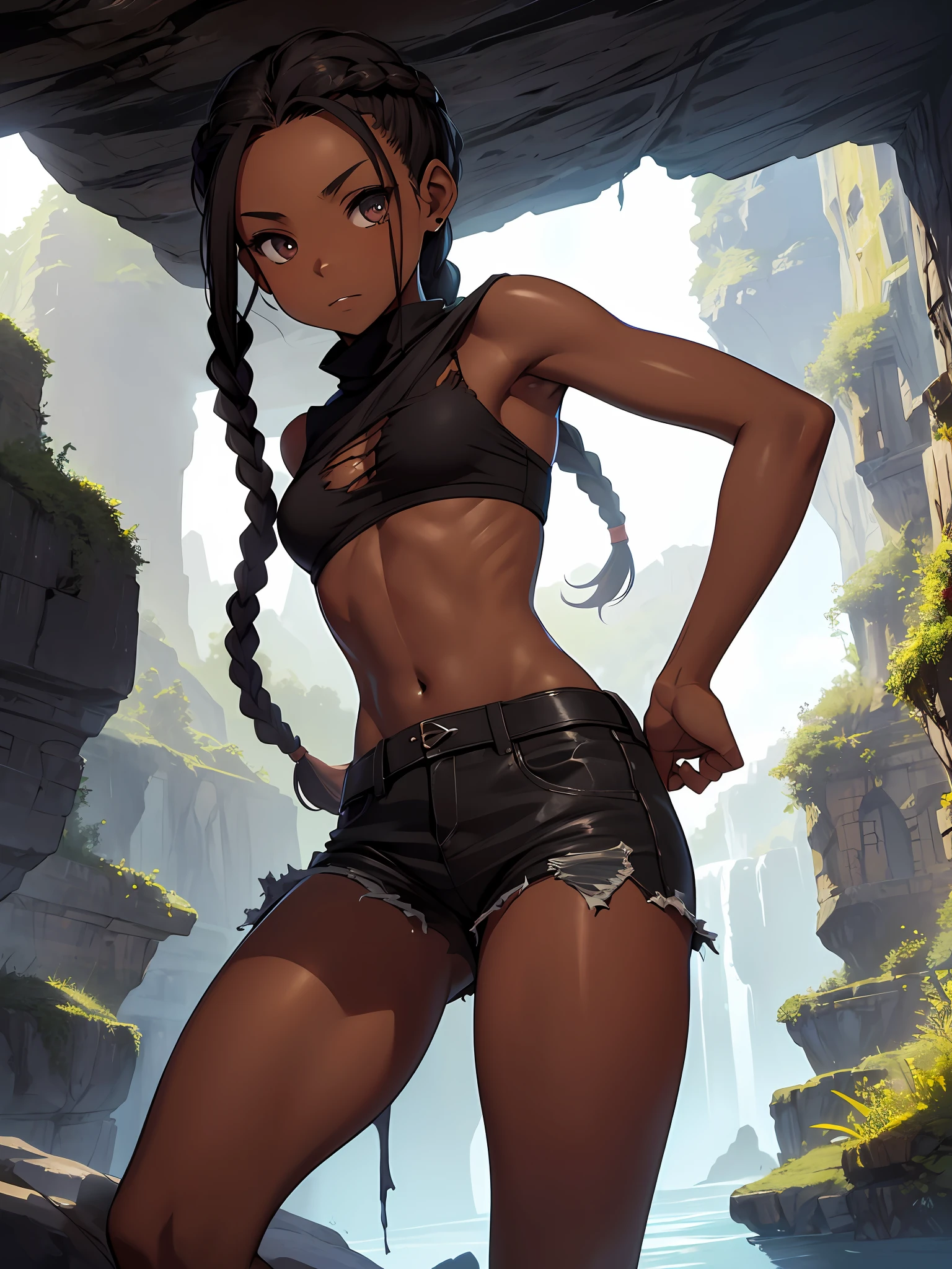 best quality, masterpiece, beautiful adventurer, dark tan, sexy, tomboy, small breasts, petite, braids, torn clothes, dark cave, adventurous, dangerous, scary