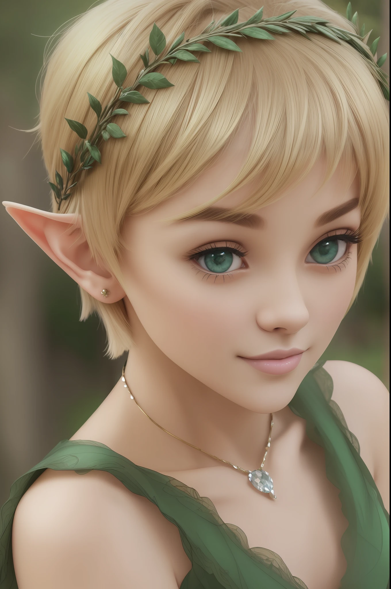 (((masterpiece, high quality, highres))), focus face, look at viewer, perfect body, medium bust, a goddess elf female, beautiful, emerald eyes, full-face blush, short hair, blonde, pixie cut, blunt bangs, smile, tiara, royal dress, ((extremely detailed, sharped, highlight, ray tracing, cinematography, soft light, cinematic)) --auto --s2