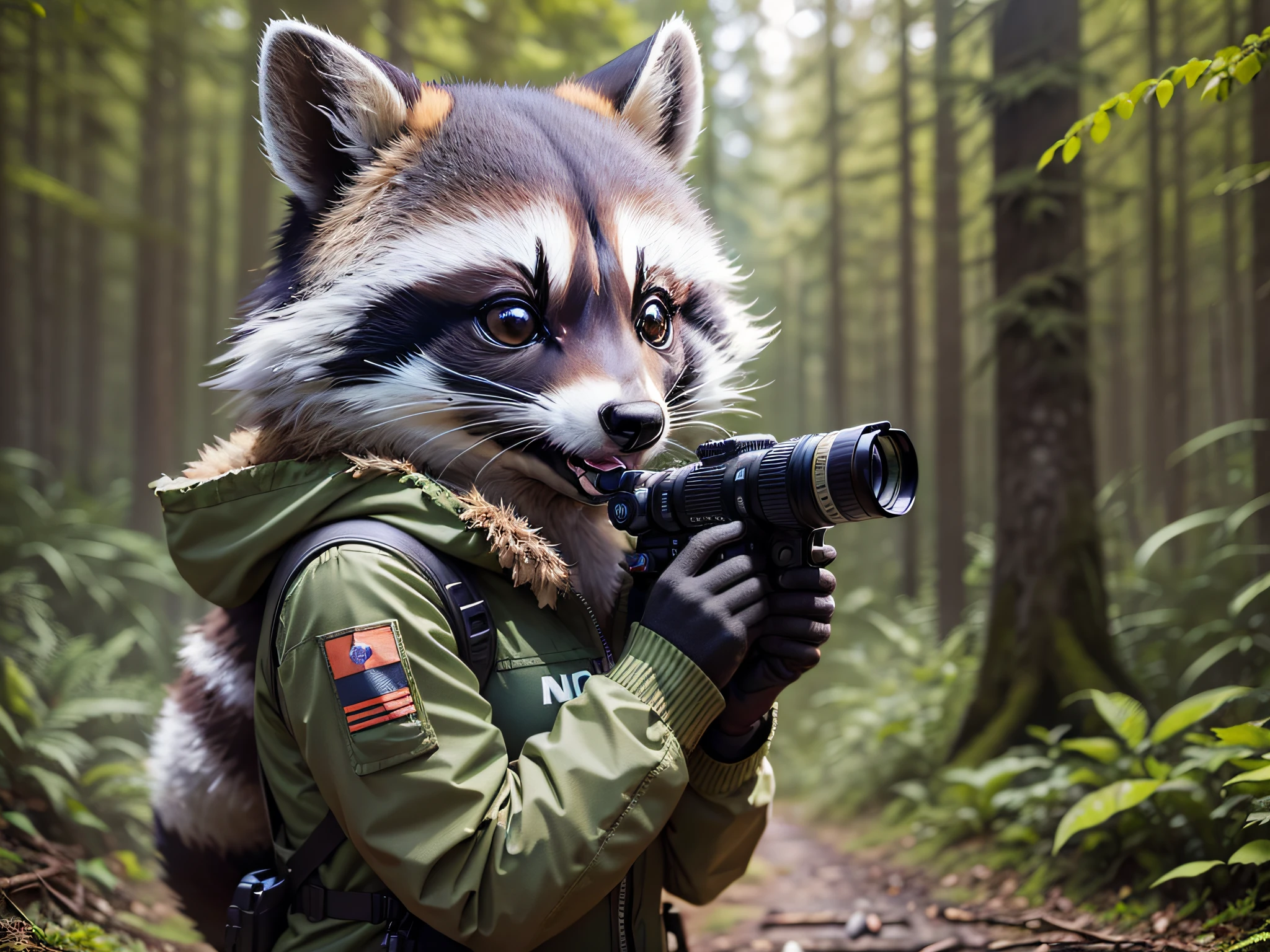 High Resolution, 8K, 2.5D, Forest Female Photographer, Photograph of her Shooting Raccoon in Natural Forest, Use Camera Nikon, Shooting Making Scene, Souvenir Photo with Raccoon, She Is Smiling