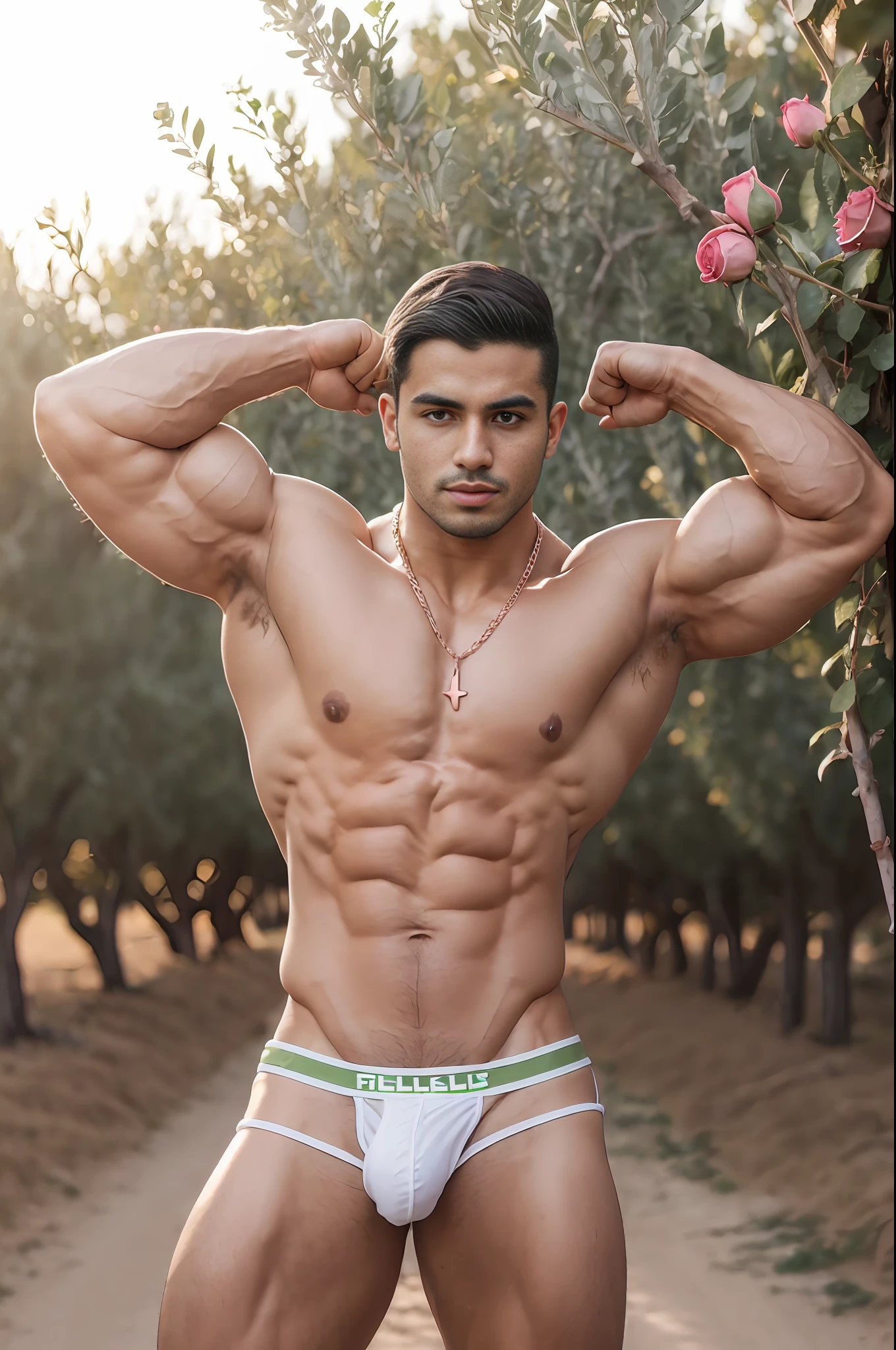 Full body view, (best quality, masterpiece, ultra-realistic), 24 year old middle eastern man, Bodybuilder, double cleft chin, shirtless, golden sunset, olive orchard, farmer, outdoor, ((tight white jockstrap underwear)), skin glistening with sweat (wide shot:1.1), (VSCO:1.1), depth of field. Feet, ((thick rose gold chain necklace)), rose gold watch, ((((flexing biceps))))