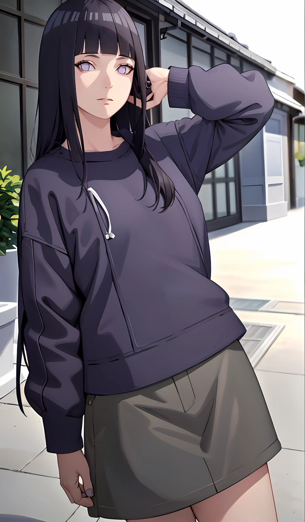 4k, realistic, very detail, there is a girl standing, she wearing casual clothes, oversize clothes, 25 years old, full body, blunt bangs, dark blue hair, purple eyes, long hair, detailed character, detailed face, detailed body, flowing hair