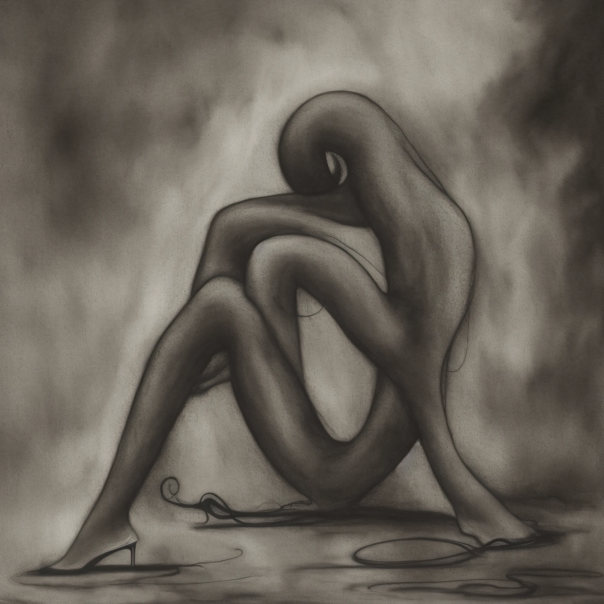 A snake around human legs with heels, shining in the dark, black background, sad, inspired by Beksinski, William Blake art, ink and watercolor, renaissance art, mist and fog, photorealistic detail, black and white, dust, film grain, contrast