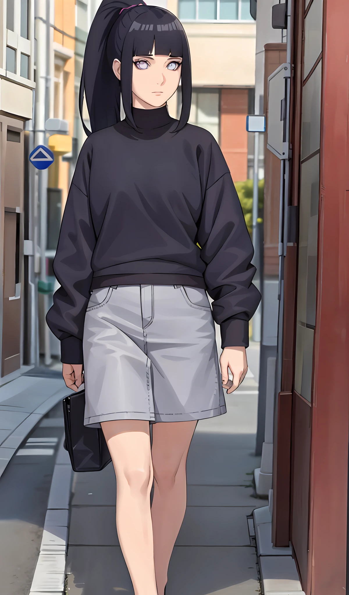 4k, realistic, very detail, there is a girl standing, she wearing casual clothes, oversize clothes, 25 years old, full body, blunt bangs, dark blue hair, purple eyes, long hair, detailed character, detailed face, detailed body, ponytail