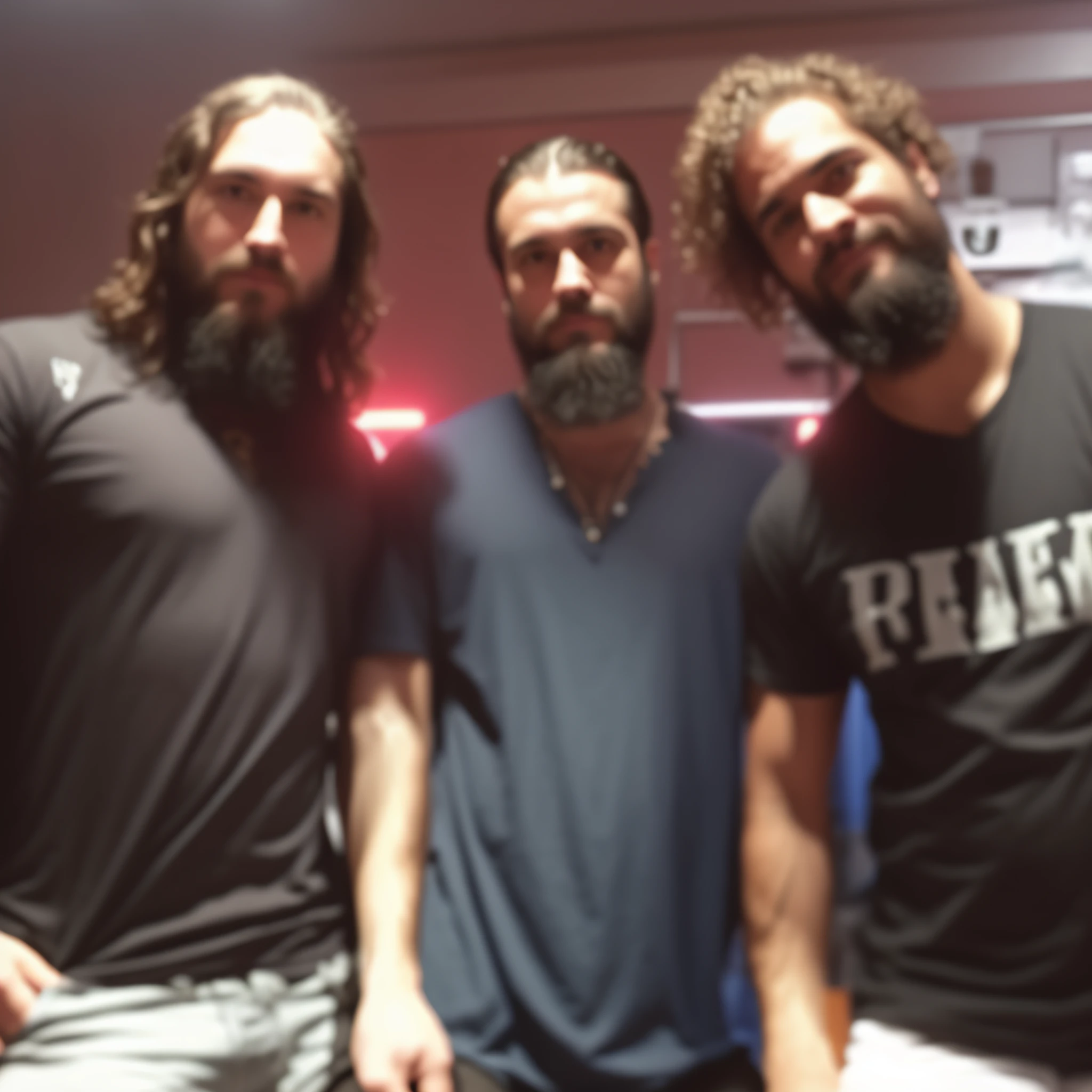 three men standing next to each other in a room, dread, with leonidas beard, sitting down, proto - metal band promo, beard, full body length, johnny silverhand, full height, face enhanced, band, alex grey and romero ressendi, wwe, feature, poster shot, face shot, epk, no ears, by Drew Tucker, not cropped