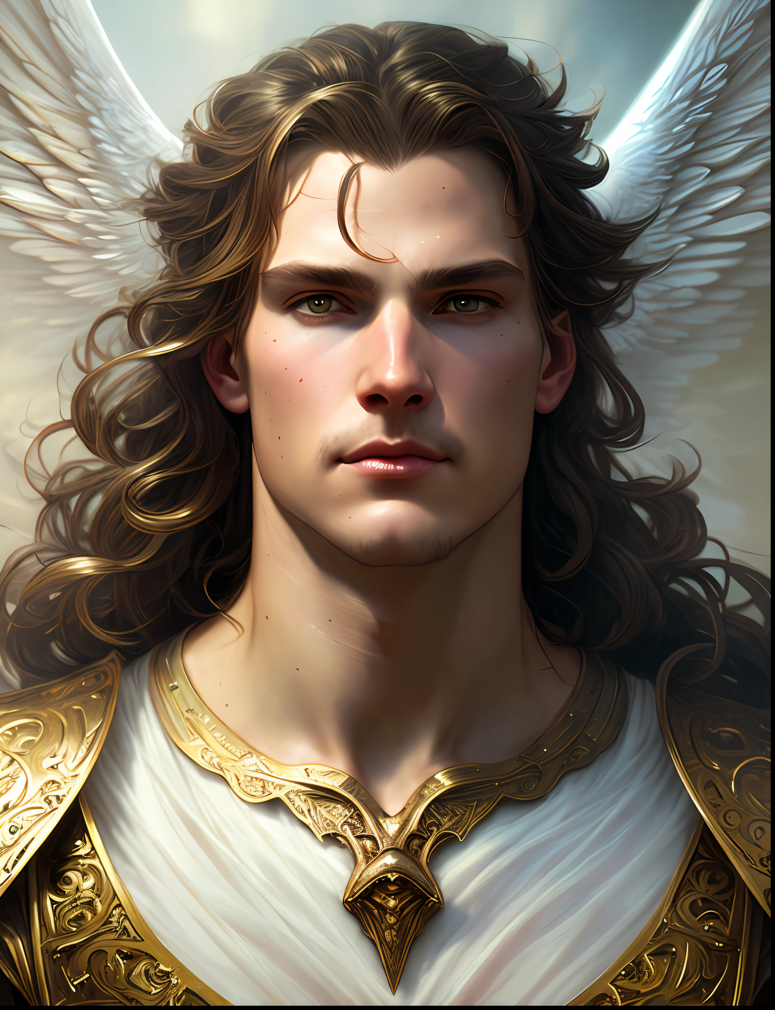 Up close portrait of a male angel, d & d, face, fantasy, intricate, elegant, highly detailed, digital painting, artstation, concept art, smooth, sharp focus, illustration, art by artgerm and greg rutkowski and alphonse mucha