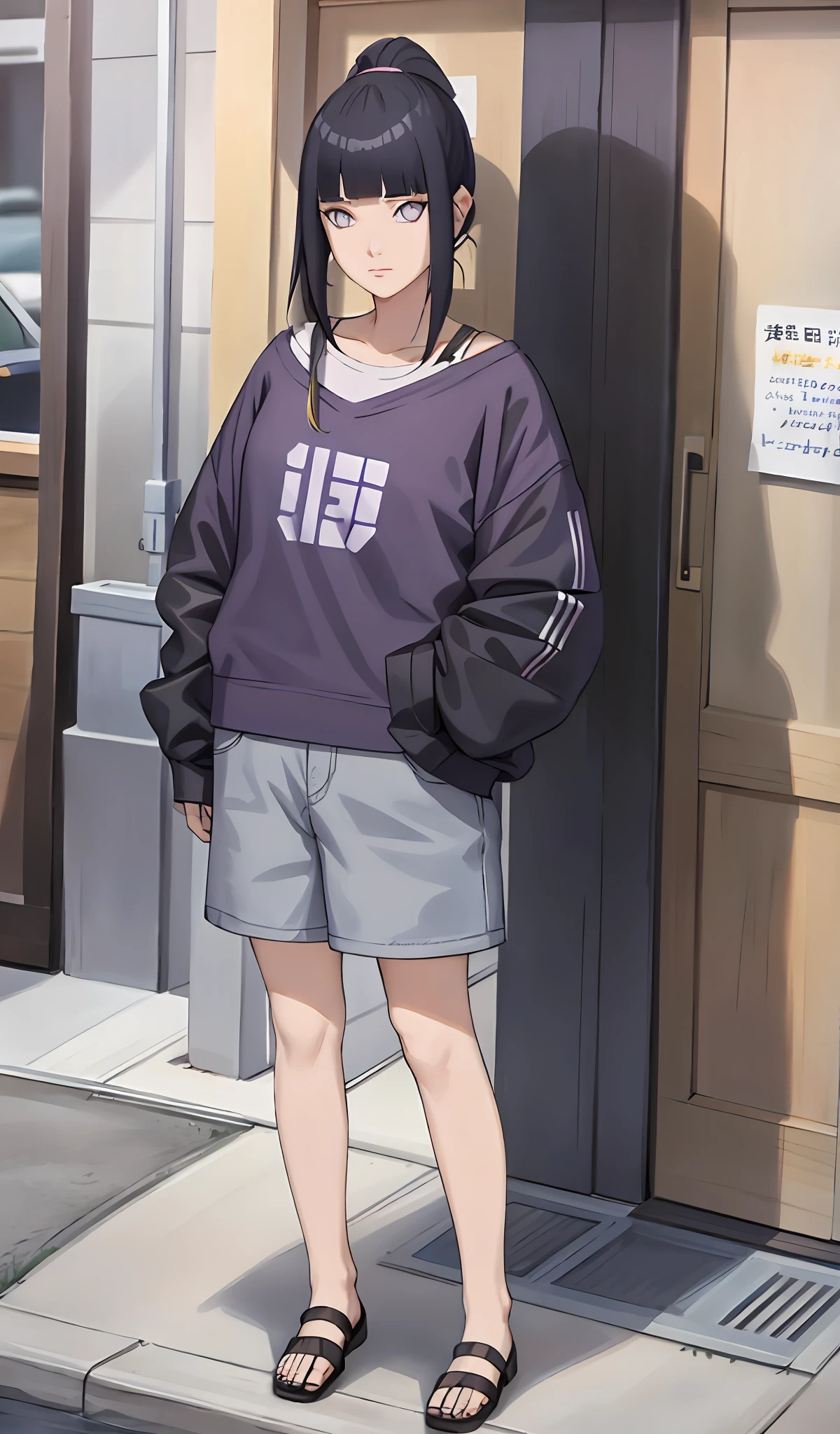 4k, realistic, very detail, there is a girl standing, she wearing casual clothes, oversize clothes, 25 years old, full body, blunt bangs, dark blue hair, purple eyes, long hair, detailed character, detailed face, detailed body, ponytail