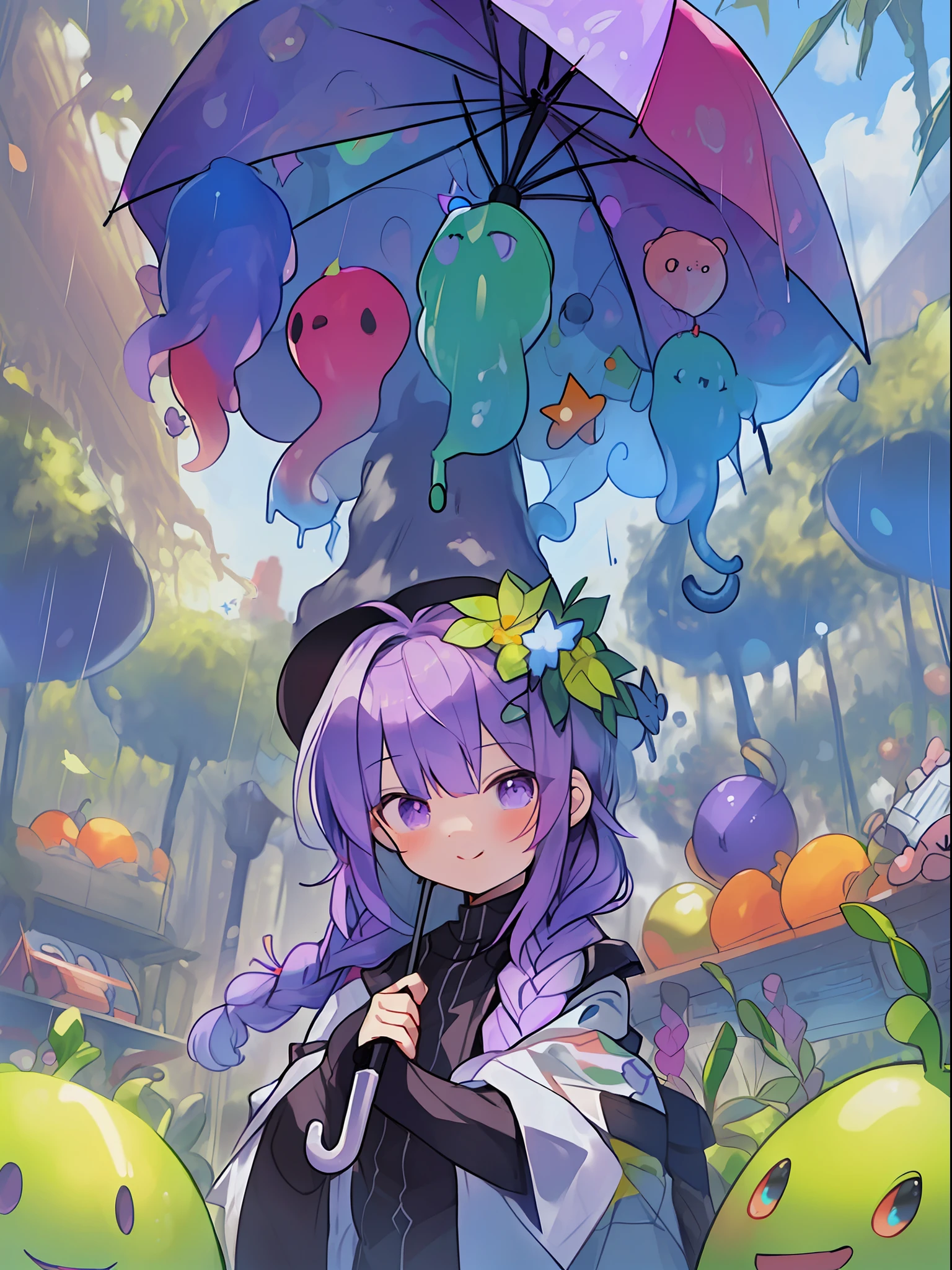 ((((umbrella with drawings inside, hairstyle with purple hair and green coloring, braids, portrait of upper body))), large eyes, drooping eyes, bright expression, height 165 cm, scale 1/20, light and shadow of Sertefan, illustration using the Octane renderer, cartoon-style illustrations on a child's theme featuring characters, fantasy RPG atmosphere, Originality that attracts the attention of the audience, illuminated with warm color scheme, soft, high-quality images, details, accurate depiction, impressive poses and interesting activities, Mutsuki Conworks, highly detailed facial details, unique character design, anime-style boy, medium hair long, cherry pink-red hair color, blue eyes, not an ugly face, five fingers, symmetricalSkin color like marble, not ugly body, two arms, two legs, game clothes, game gloves, game boots, Caucasian, background long shot, (、、、、、、、 anime,、,、,、,、,、,- style boy, masterpiece: 1.5)), watercolor ink Original drawing, story movie, movie, manga illustration, cute, adorable, detailed photo realistic, wallpaper pencil drawing, eyelashed eyes, Dark Blue Moon, Pan Closet, Cyber, Virtual Reality, 2 Boys, 1 Butler Android, 1 chatGPT, Giant Yellow Fruit, World Tree, (((Ship)), Lanlanlu, Chic, Butler Who Can't Stop Ringing Tongue, 77777, Bonanza, Dancing Props, Fruits Wrapped in Yellow Translucent Outlines, Kowloon World Tree Reaching Dome Ceiling, towering over 20 at 0 meters, Worm virus, roots of giant trees along the coastline, big slime, (running debugging, operating applications, viruses, error sounds), handshake, surface tension of fruits, (competing emulators, range, Robert Robert, virtual reality, high-tech, competition, clones, android,,), blue Kowloon star, dome world, slime fruit, scattered flowers, bear fruit, transformation, green vine-like tendrils, countless feathers sprouting from the skin, Kowloon world tree with huge yellow fruits, proliferation life of the roots of giant trees that move like octopus tentacles and disguised as o