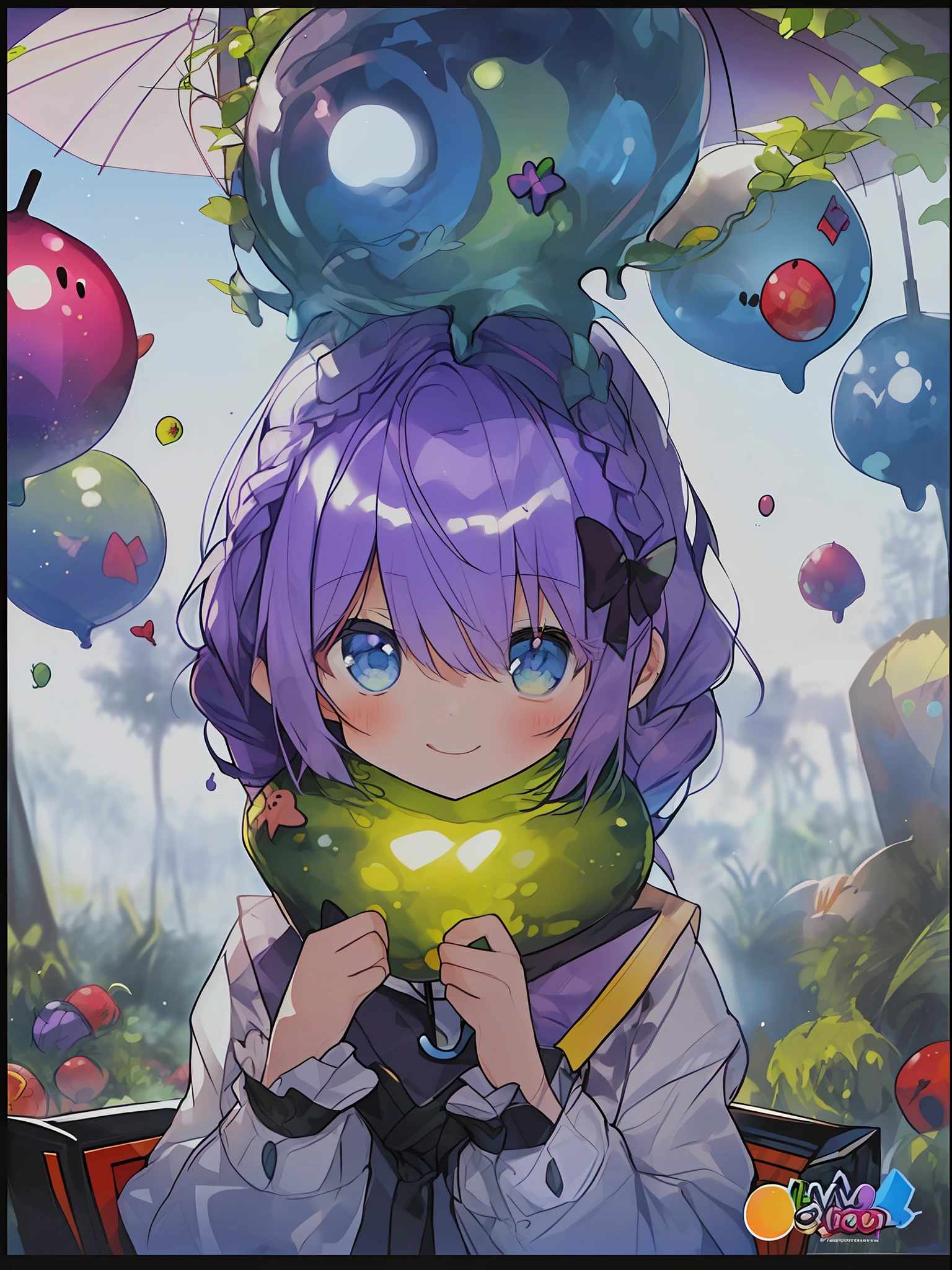 ((((umbrella with drawings inside, hairstyle with purple hair and green coloring, braids, portrait of upper body))), large eyes, drooping eyes, bright expression, height 165 cm, scale 1/20, light and shadow of Sertefan, illustration using the Octane renderer, cartoon-style illustrations on a child's theme featuring characters, fantasy RPG atmosphere, Originality that attracts the attention of the audience, illuminated with warm color scheme, soft, high-quality images, details, accurate depiction, impressive poses and interesting activities, Mutsuki Conworks, highly detailed facial details, unique character design, anime-style boy, medium hair long, cherry pink-red hair color, blue eyes, not an ugly face, five fingers, symmetricalSkin color like marble, not ugly body, two arms, two legs, game clothes, game gloves, game boots, Caucasian, background long shot, (、、、、、、、 anime,、,、,、,、,、,- style boy, masterpiece: 1.5)), watercolor ink Original drawing, story movie, movie, manga illustration, cute, adorable, detailed photo realistic, wallpaper pencil drawing, eyelashed eyes, Dark Blue Moon, Pan Closet, Cyber, Virtual Reality, 2 Boys, 1 Butler Android, 1 chatGPT, Giant Yellow Fruit, World Tree, (((Ship)), Lanlanlu, Chic, Butler Who Can't Stop Ringing Tongue, 77777, Bonanza, Dancing Props, Fruits Wrapped in Yellow Translucent Outlines, Kowloon World Tree Reaching Dome Ceiling, towering over 20 at 0 meters, Worm virus, roots of giant trees along the coastline, big slime, (running debugging, operating applications, viruses, error sounds), handshake, surface tension of fruits, (competing emulators, range, Robert Robert, virtual reality, high-tech, competition, clones, android,,), blue Kowloon star, dome world, slime fruit, scattered flowers, bear fruit, transformation, green vine-like tendrils, countless feathers sprouting from the skin, Kowloon world tree with huge yellow fruits, proliferation life of the roots of giant trees that move like octopus tentacles and disguised as o