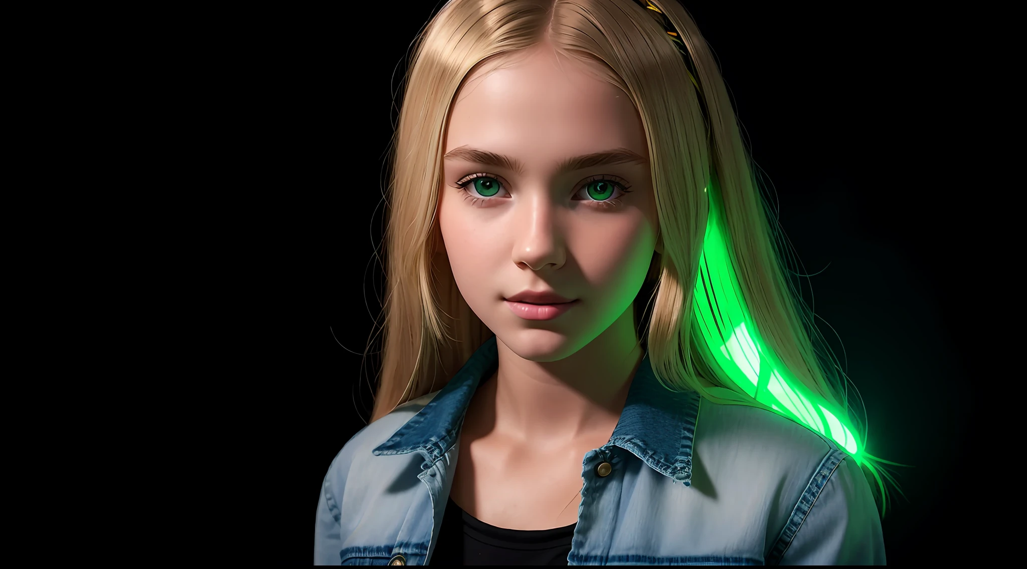 12 year old girl, long blonde hair, closeup, denim jacket and black clothes, there is a green light that is shining on a glass, green radioactive glow, bright vial, radioactive particles, bright green, artistic render, nuclear energy future, nuclear background, green ambient light, nuclear waste, bright liquid, 3840 x 2160, 3840x2160, photo rendering, bright energy