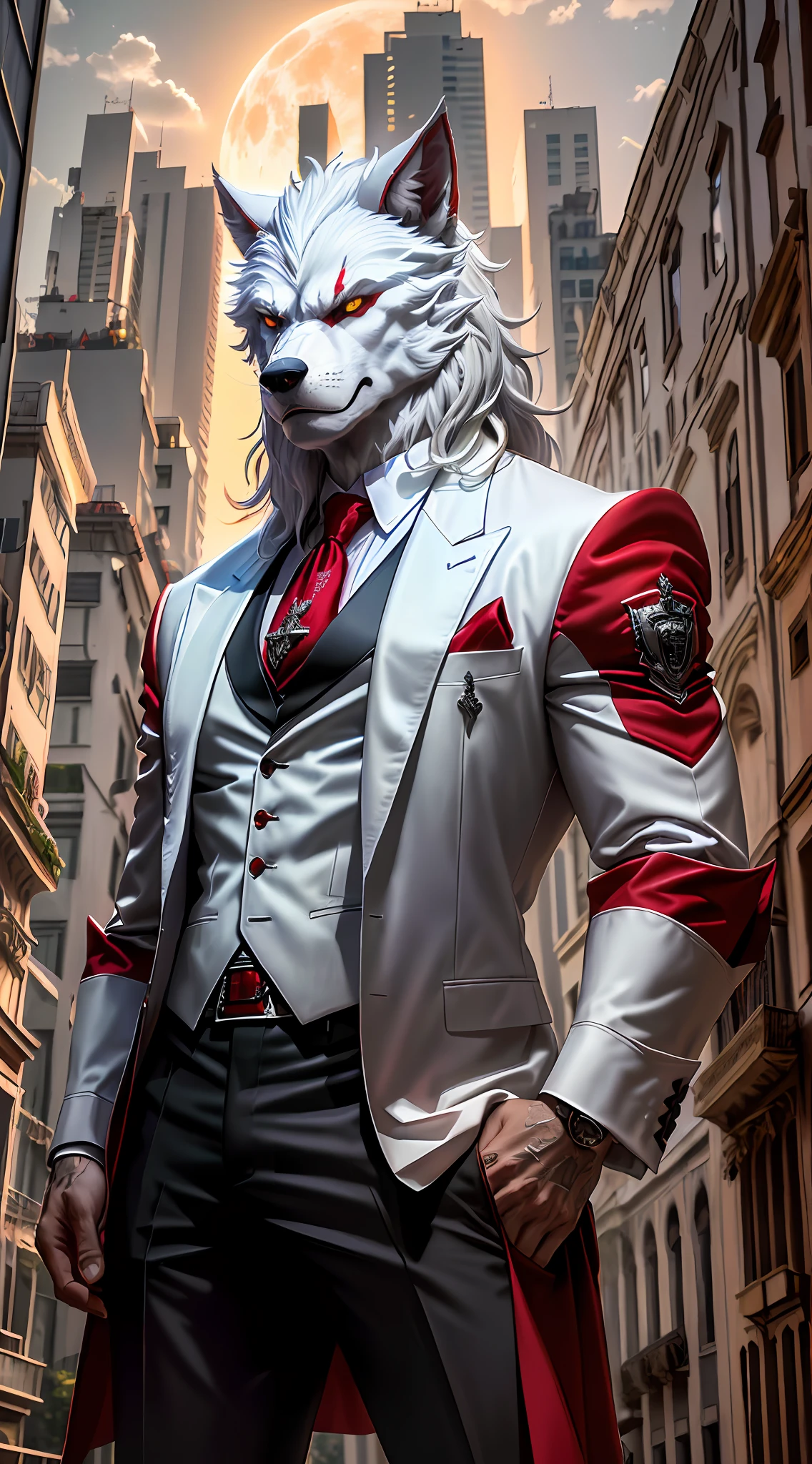 A white werewolf dressed as an Italian mobster, standing with his arms crossed, full body vision, in the city of sao paulo, red moon in the sky, high detail, buildings, masterpiece, (HDR)(wallpaper)(film lighting)(sharp focus), masterpiece, best quality, (extremely detailed wallpaper of CG 8k unit), (best quality) --auto --s2