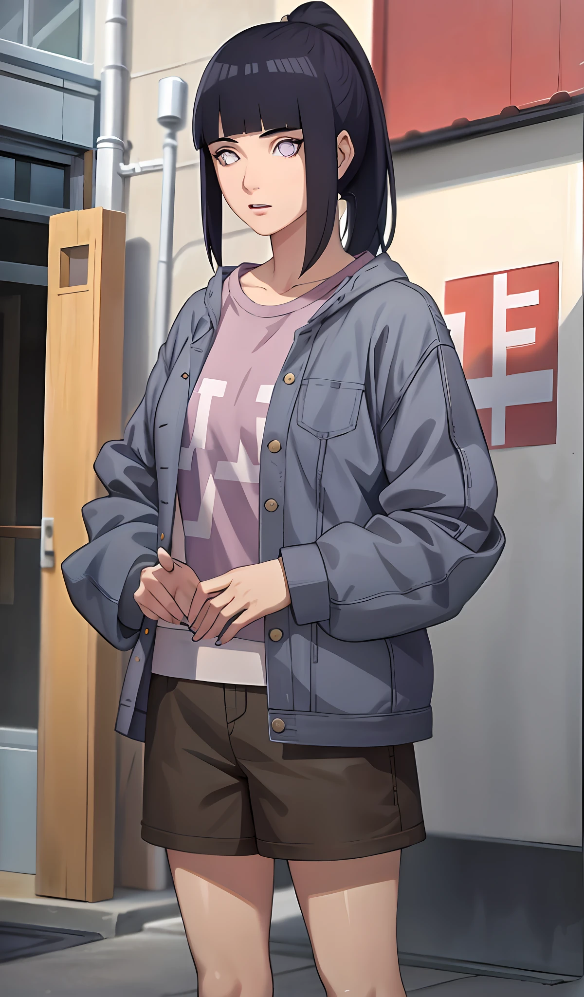 4k, realistic, very detail, there is a girl standing, she wearing casual clothes, oversize clothes, 25 years old, full body, blunt bangs, dark blue hair, purple eyes, long hair, detailed character, detailed face, detailed body, ponytail