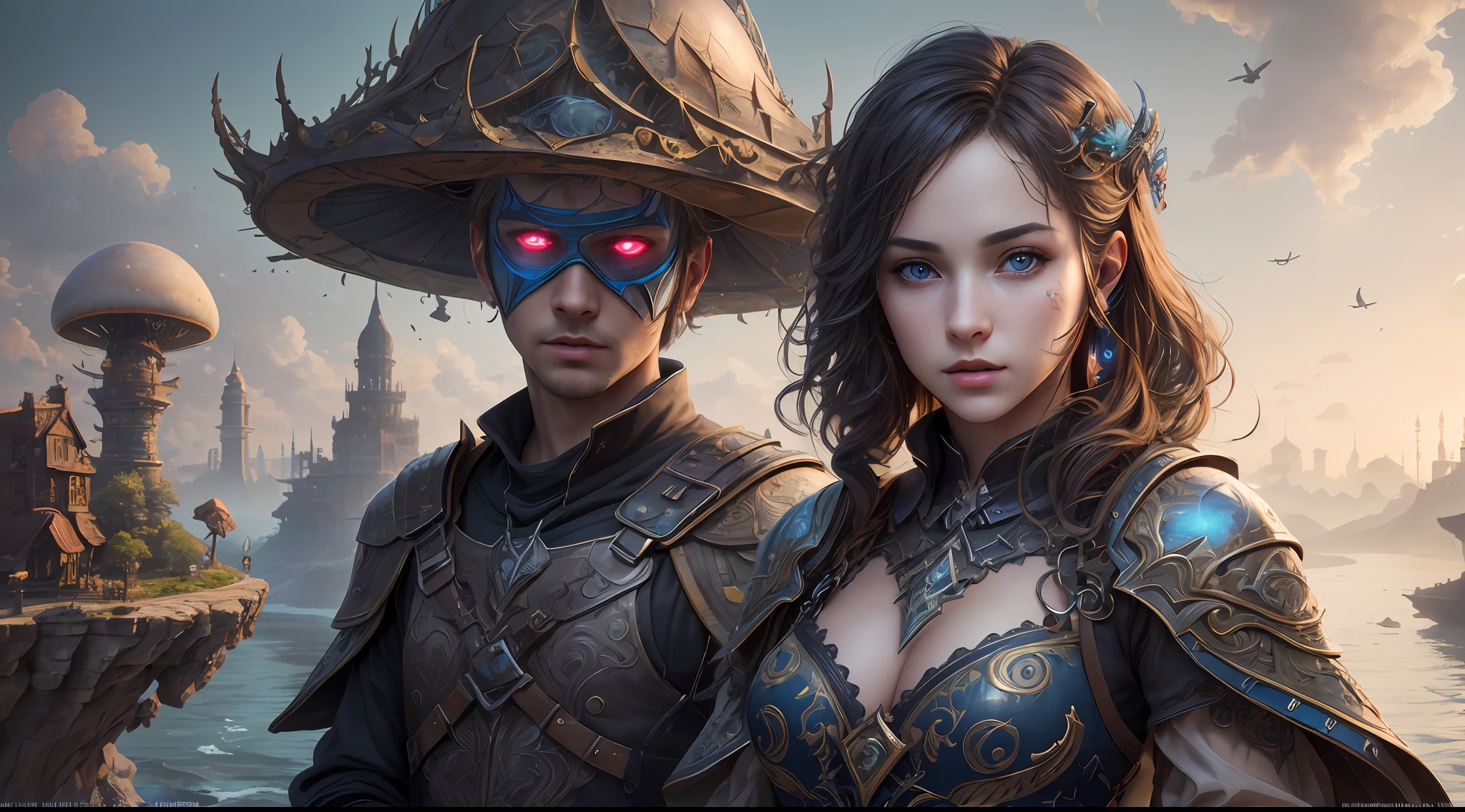 (((Multiplayer, Vivid Eyes, Man and Woman))), Best Quality, Realistic, Realistic, Award-Winning Illustrations, (Complex Details: 1.2), ((Fine Details)), (Intricate Details), (Cinematic Light, Best Quality Backlight), Clear Lines, Sharp Focus, Official Art, Unity 8k Wallpapers, Ridious, Incredibly Ridiculous, Fantasy Art, RTX, ((Award-winning Triangle Studio Close-up Photo)), 1 Boy, (Shut Up), Best Quality,4K, beautiful mysterious creatures, female, flying, surrealism, masterpiece of NCWINTERS, in mysterious country town, masterpiece, intricate details, ff14style, urban painting, bridge, river, giant mushroom, landscape, bright colors,