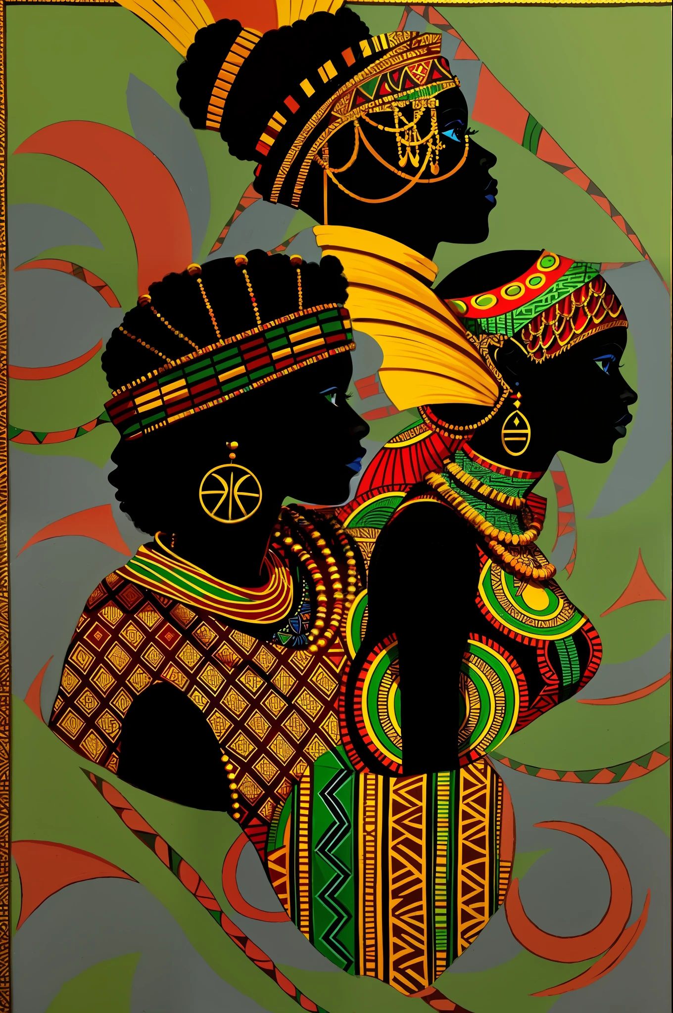 a painting of a woman in a traditional african costume, african queen, ornate patterned people, african iconography, afrocentric mysticism, african arts, african fractals, kemetic, black african princess, african princess, african, african woman, inspired by Keith Mallett, by Dorothy King, inspired by Ras Akyem, by Dahlov Ipcar