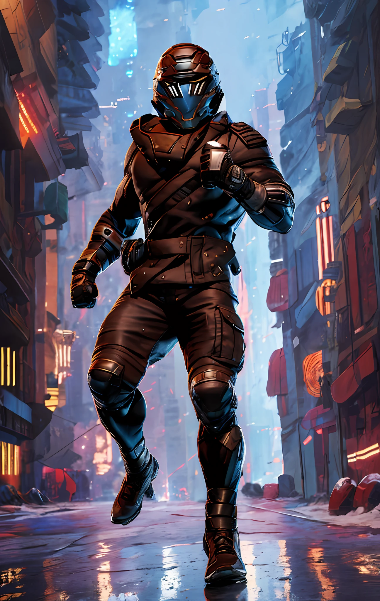 male, muscular male, muscle detail, biceps detail, faceless, faceless male, masked, helmet, helmet covering all of face, brown hooded jacket, black longpants, boots, gloves, dynamic pose, fighter pose, abandoned city background (high detail, masterpiece, 8K, full body)