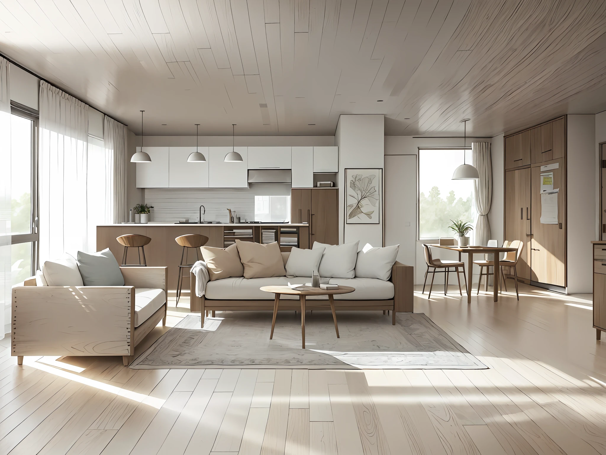 a sketch of a beautiful modern living room, (((foster and partners, artists impression, artistic impression, by Hamish MacDonald, by Carey Morris, by David Brewster, higher detailed illustration, by Helen Berman, an illustration, detailed illustration, by Nick Fudge, by Warren Mahy, artist's impression))), a red kitchen cabinet behind the white sofa, with minimal pictures on the wall, linen curtain next to the classroom window, coffee table, modern wood, ceiling with magnetic emissive lighting, white fabric PRB textures, wooden floor PRB texture,