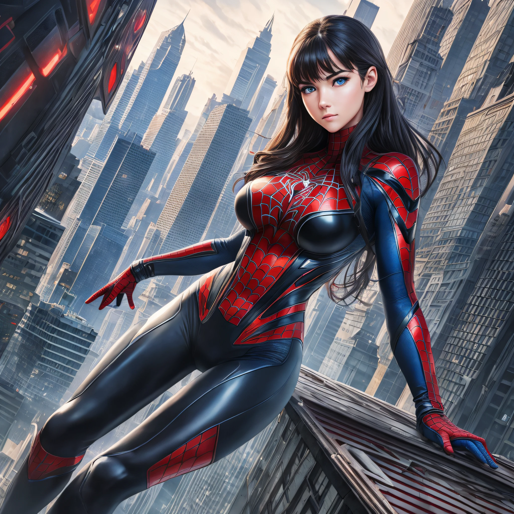 (1girl:1.3), Solo, (((Very detailed face)))), ((Very detailed eyes and face)))), Beautiful detail eyes, Body parts__, Official art, Unified 8k wallpaper, Super detailed, beautiful and beautiful, beautiful, masterpiece, best quality, original, masterpiece, super fine photo, best quality, super high resolution, realistic realism, sunlight, full body portrait, amazing beauty, dynamic pose, delicate face, vibrant eyes, (from the front), She wears Spider-Man suit, red and black color scheme, spider, very detailed city roof background, rooftop, overlooking the city, detailed face, detailed complex busy background, messy, gorgeous, milky white, highly detailed skin, realistic skin details, visible pores, clear focus, volumetric fog, 8k uhd, DSLR, high quality, film grain, fair skin, photo realism, lomography, futuristic dystopian megalopolis, translucent --auto --s2