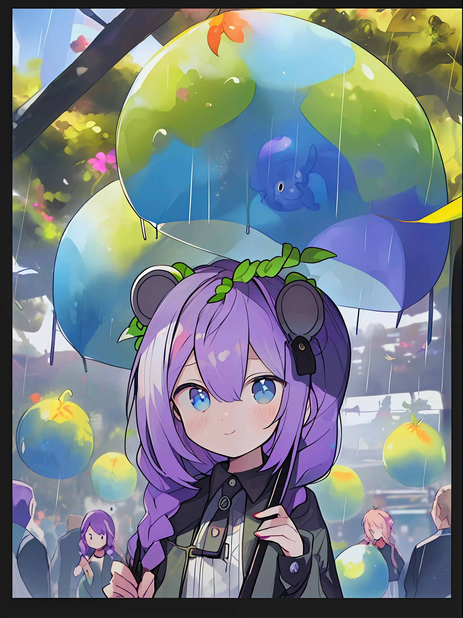 ((((umbrella with drawings inside, hairstyle with purple hair and green coloring, braids, portrait of upper body))), large eyes, drooping eyes, bright expression, height 165 cm, scale 1/20, light and shadow of Sertefan, illustration using the Octane renderer, cartoon-style illustrations on a child's theme featuring characters, fantasy RPG atmosphere, Originality that attracts the attention of the audience, illuminated with warm color scheme, soft, high-quality images, details, accurate depiction, impressive poses and interesting activities, Mutsuki Conworks, highly detailed facial details, unique character design, anime-style boy, medium hair long, cherry pink-red hair color, blue eyes, not an ugly face, five fingers, symmetricalSkin color like marble, not ugly body, two arms, two legs, game clothes, game gloves, game boots, Caucasian, background long shot, (、、、、、、、 anime,、,、,、,、,、,- style boy, masterpiece: 1.5)), watercolor ink Original drawing, story movie, movie, manga illustration, cute, adorable, detailed photo realistic, wallpaper pencil drawing, eyelashed eyes, Dark Blue Moon, Pan Closet, Cyber, Virtual Reality, 2 Boys, 1 Butler Android, 1 chatGPT, Giant Yellow Fruit, World Tree, (((Ship)), Lanlanlu, Chic, Butler Who Can't Stop Ringing Tongue, 77777, Bonanza, Dancing Props, Fruits Wrapped in Yellow Translucent Outlines, Kowloon World Tree Reaching Dome Ceiling, towering over 20 at 0 meters, Worm virus, roots of giant trees along the coastline, big slime, (running debugging, operating applications, viruses, error sounds), handshake, surface tension of fruits, (competing emulators, range, Robert Robert, virtual reality, high-tech, competition, clones, android,,), blue Kowloon star, dome world, slime fruit, scattered flowers, bear fruit, transformation, green vine-like tendrils, countless feathers sprouting from the skin, Kowloon world tree with huge yellow fruits, proliferation life of the roots of giant trees that move like octopus tentacles and disguised as o