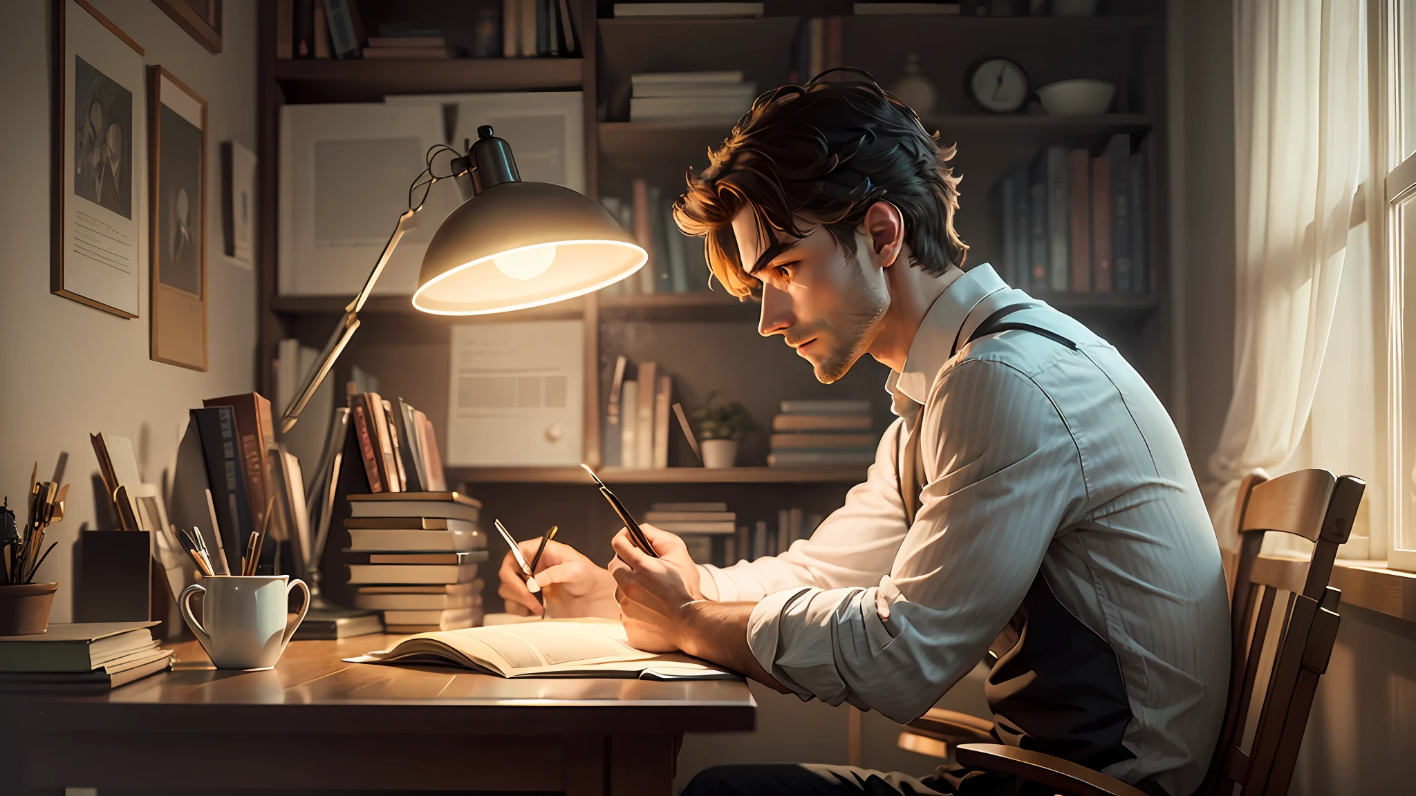 Man on his back, sitting in a chair and studying at a table, room half dark, with a lamp illuminated the books --auto --s2