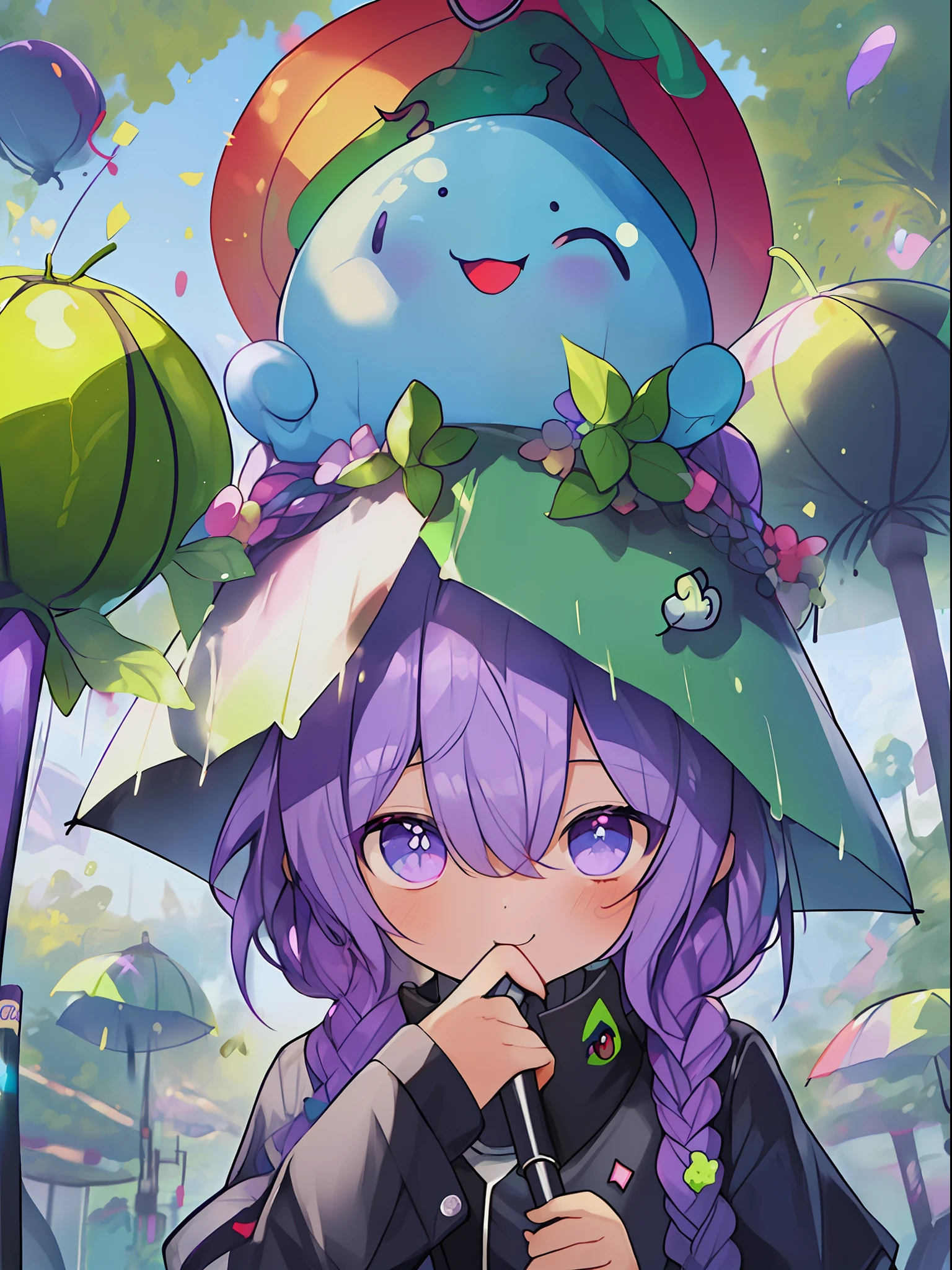 ((((umbrella with drawings inside, hairstyle with purple hair and green coloring, braids, portrait of upper body))), large eyes, drooping eyes, bright expression, height 165 cm, scale 1/20, light and shadow of Sertefan, illustration using the Octane renderer, cartoon-style illustrations on a child's theme featuring characters, fantasy RPG atmosphere, Originality that attracts the attention of the audience, illuminated with warm color scheme, soft, high-quality images, details, accurate depiction, impressive poses and interesting activities, Mutsuki Conworks, highly detailed facial details, unique character design, anime-style boy, medium hair long, cherry pink-red hair color, blue eyes, not an ugly face, five fingers, symmetricalSkin color like marble, not ugly body, two arms, two legs, game clothes, game gloves, game boots, Caucasian, background long shot, (、、、、、、、 anime,、,、,、,、,、,- style boy, masterpiece: 1.5)), watercolor ink Original drawing, story movie, movie, manga illustration, cute, adorable, detailed photo realistic, wallpaper pencil drawing, eyelashed eyes, Dark Blue Moon, Pan Closet, Cyber, Virtual Reality, 2 Boys, 1 Butler Android, 1 chatGPT, Giant Yellow Fruit, World Tree, (((Ship)), Lanlanlu, Chic, Butler Who Can't Stop Ringing Tongue, 77777, Bonanza, Dancing Props, Fruits Wrapped in Yellow Translucent Outlines, Kowloon World Tree Reaching Dome Ceiling, towering over 20 at 0 meters, Worm virus, roots of giant trees along the coastline, big slime, (running debugging, operating applications, viruses, error sounds), handshake, surface tension of fruits, (competing emulators, range, Robert Robert, virtual reality, high-tech, competition, clones, android,,), blue Kowloon star, dome world, slime fruit, scattered flowers, bear fruit, transformation, green vine-like tendrils, countless feathers sprouting from the skin, Kowloon world tree with huge yellow fruits, proliferation life of the roots of giant trees that move like octopus tentacles and disguised as o