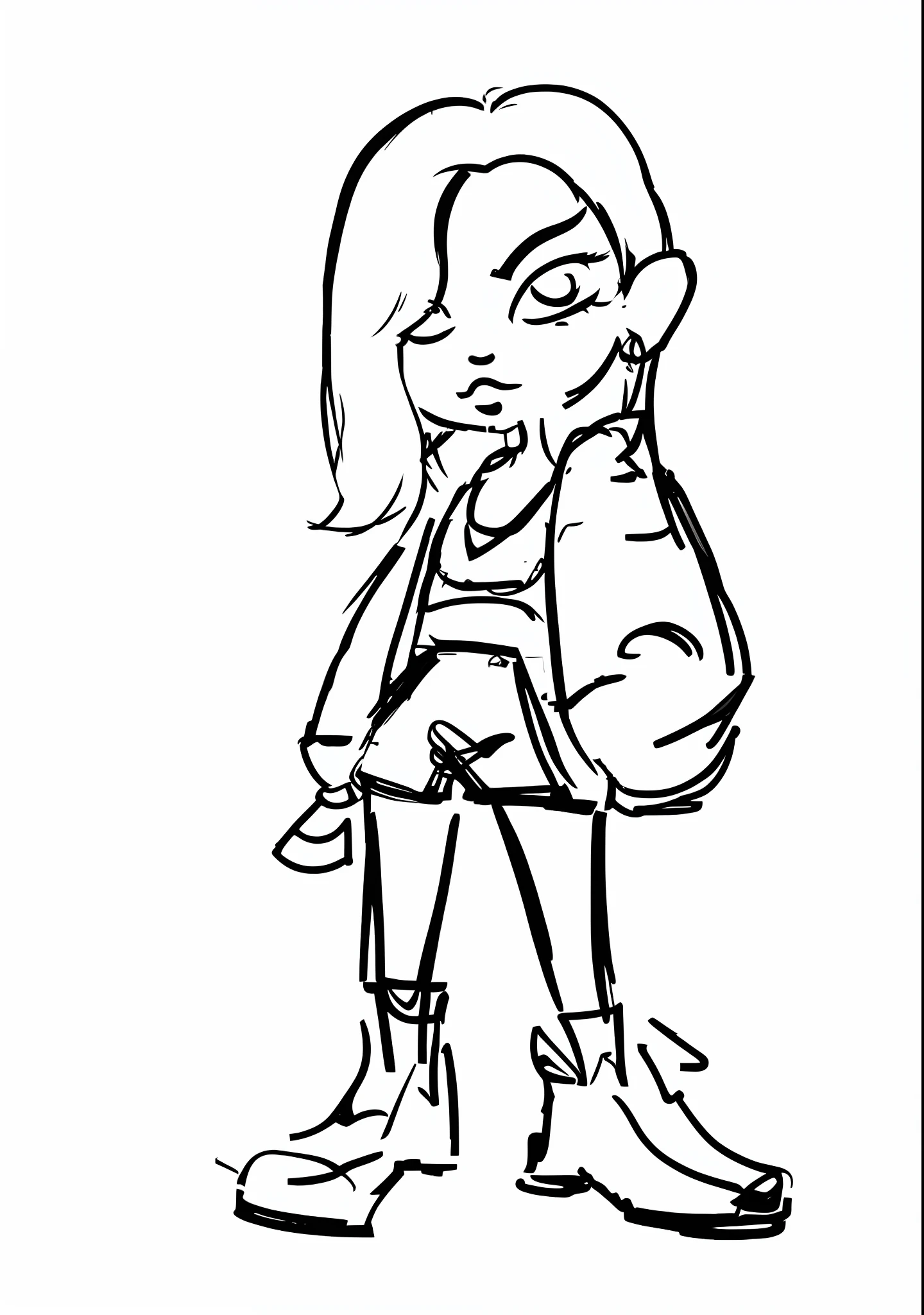 cartoon girl with a backpack and boots talking on the phone, thick line art, sketchy artstyle, thick outlines, digital sketch, thick outline, line sketch, unrealistic character concept, thick black lineart, casual pose, rough sketch, thick lineart, urban girl fanart, intense line art, girl sketch, full body character drawing, heavy outlines