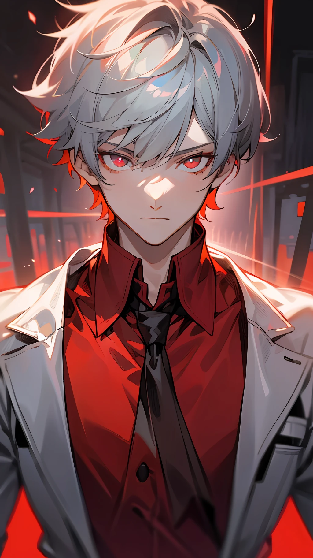 1boy, handsome, cool, looking at viewer, teen, red eyes, ruby shape pupils, grey hair, shortcut, straight hair, Pixie cut, glowing hair, red clothes, school uniform, palace, outdoor, upper body, extremely detailed, HD --auto --s2