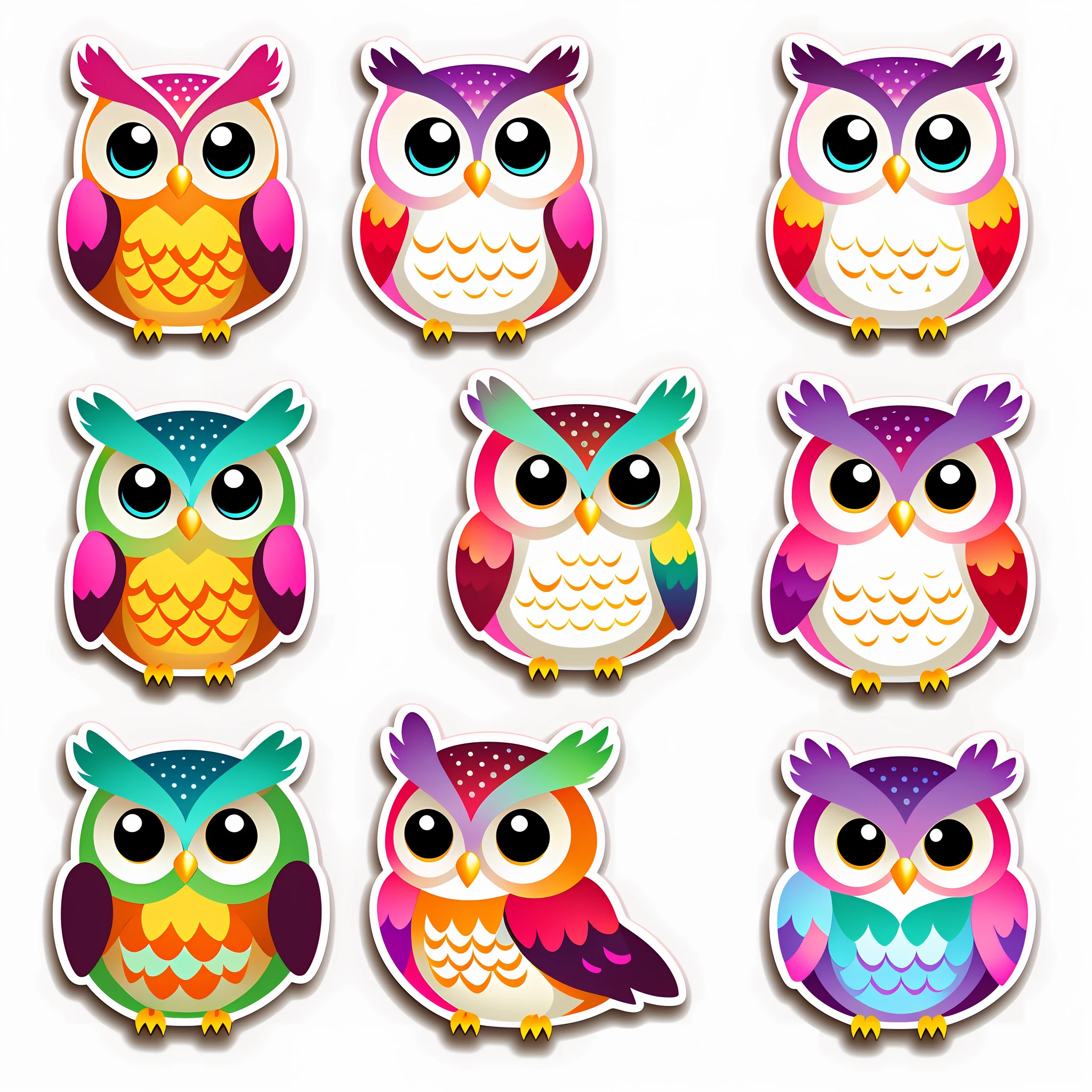 sticker, owls with different poses, chibi style, white background, full body, vibrant colors, aligned side by side, vector, sticker illustration, cute owl, sticker illustrations, sticker design vector art, owl, vector sticker, bottomless image, sticker design, matrix cutting sticker, sticker concept design, sticker --auto --s2