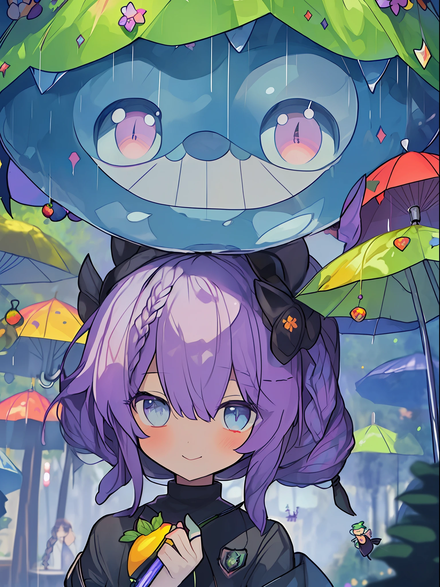 ((((umbrella with drawings inside, hairstyle with purple hair and green coloring, braids, portrait of upper body))), large eyes, drooping eyes, bright expression, height 165 cm, scale 1/20, light and shadow of Sertefan, illustration using the Octane renderer, cartoon-style illustrations on a child's theme featuring characters, fantasy RPG atmosphere, Originality that attracts the attention of the audience, illuminated with warm color scheme, soft, high-quality images, details, accurate depiction, impressive poses and interesting activities, Mutsuki Conworks, highly detailed facial details, unique character design, anime-style boy, medium hair long, cherry pink-red hair color, blue eyes, not an ugly face, five fingers, symmetricalSkin color like marble, not ugly body, two arms, two legs, game clothes, game gloves, game boots, Caucasian, background long shot, (、、、、、、、 anime,、,、,、,、,、,- style boy, masterpiece: 1.5)), watercolor ink Original drawing, story movie, movie, manga illustration, cute, adorable, detailed photo realistic, wallpaper pencil drawing, eyelashed eyes, Dark Blue Moon, Pan Closet, Cyber, Virtual Reality, 2 Boys, 1 Butler Android, 1 chatGPT, Giant Yellow Fruit, World Tree, (((Ship)), Lanlanlu, Chic, Butler Who Can't Stop Ringing Tongue, 77777, Bonanza, Dancing Props, Fruits Wrapped in Yellow Translucent Outlines, Kowloon World Tree Reaching Dome Ceiling, towering over 20 at 0 meters, Worm virus, roots of giant trees along the coastline, big slime, (running debugging, operating applications, viruses, error sounds), handshake, surface tension of fruits, (competing emulators, range, Robert Robert, virtual reality, high-tech, competition, clones, android,,), blue Kowloon star, dome world, slime fruit, scattered flowers, bear fruit, transformation, green vine-like tendrils, countless feathers sprouting from the skin, Kowloon world tree with huge yellow fruits, proliferation life of the roots of giant trees that move like octopus tentacles and disguised as o