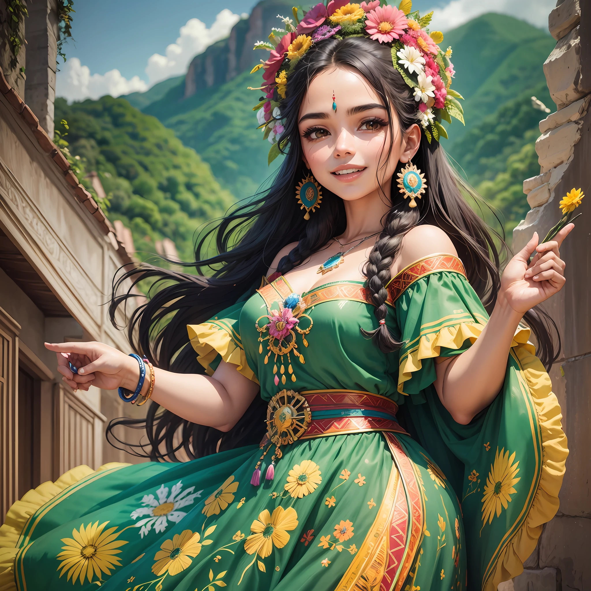 "Draw a woman from the state of Rio de Janeiro, Brazil, in her typical costume, exuding the strength and grace of Minas Gerais culture. She is depicted wearing a long, colorful dress with hand-embroidered details that hark back to the region's artisanal tradition. His smile is welcoming and conveys the hospitality and friendliness characteristic of the people of Minas Gerais. Her hair is stuck in a traditional hairstyle, adorned with colorful flowers, representing the exuberance of the local flora. His eyes express determination and wisdom, reflecting his deep connection to the history, culture and beauty of Rio de Janeiro. In the background, you can portray iconic elements of the state, such as the beautiful mountains, colonial mansions, historic churches and the lush green of the landscapes that make up its unique identity." --auto --s2