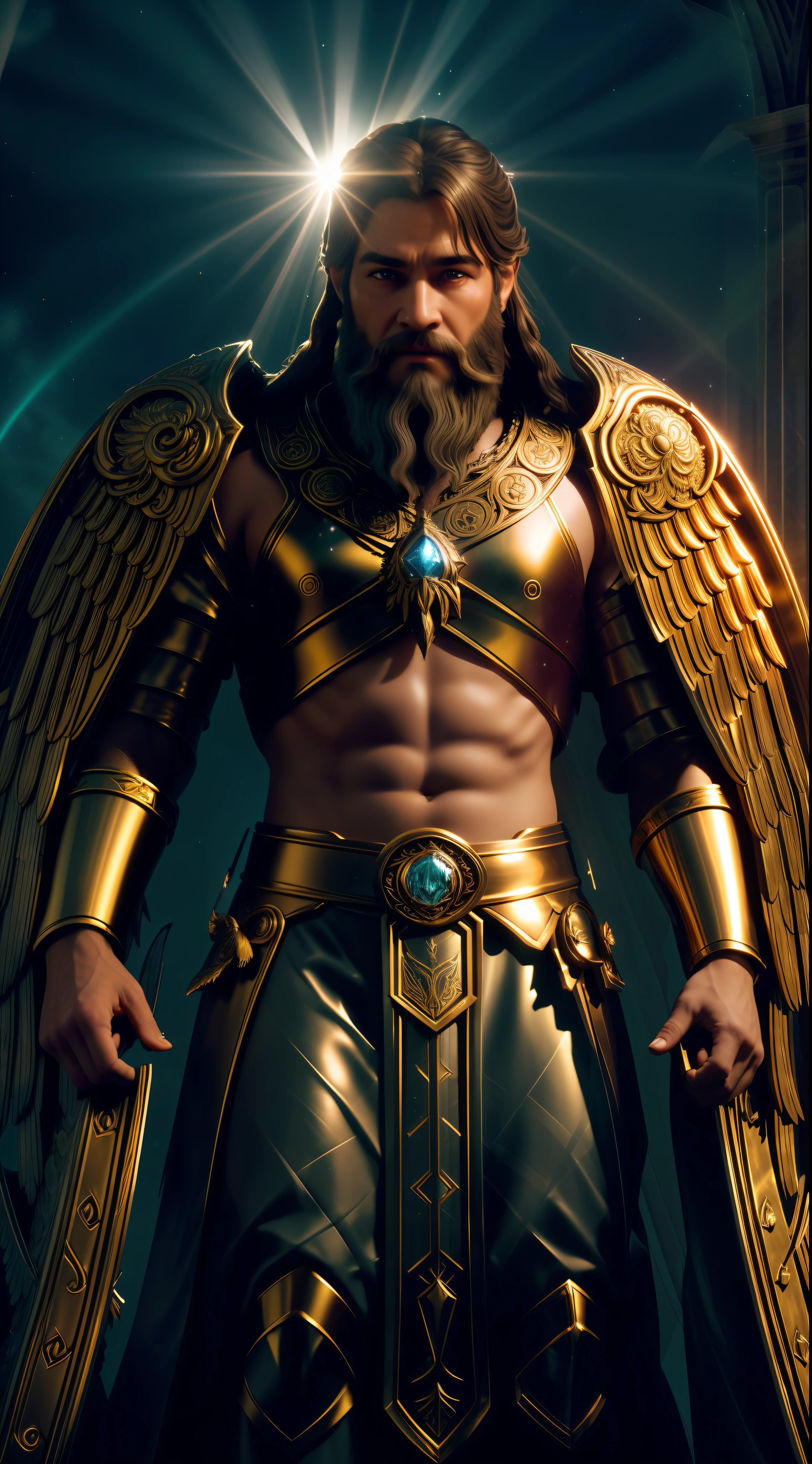 super high resolution, best quality, photo, 8k, (photorealistic: 1.2), cinematic lighting, An old man shaped like a fantz wlop, giant man with beard in bright white robes floating on the crystal throne, floating on crystal clouds, yellow eyes, bright yellow light emitted from the throne, precious stones floating in the sky, God, with beams of light enveloping his body, with large translucent, feathered wings on the crystal throne, wings are open, golden light (halo:1.2) over your head, abdominal muscles dressed in medieval golden armor, beard, masculine, dark, masterpiece, best quality, intricate details, snow environment and crystals in the background, crystal cathedral, portal of the future, 3D light, HD, magic, god of light, backlighting, detailed face, DREAD, depth of field, soft lighting, tone mapped, highly detailed, concept art, smooth, sharp focus, dramatic lighting, highly detailed art, cinematic, 8K, amazing shadows (highly detailed background: 1.2)