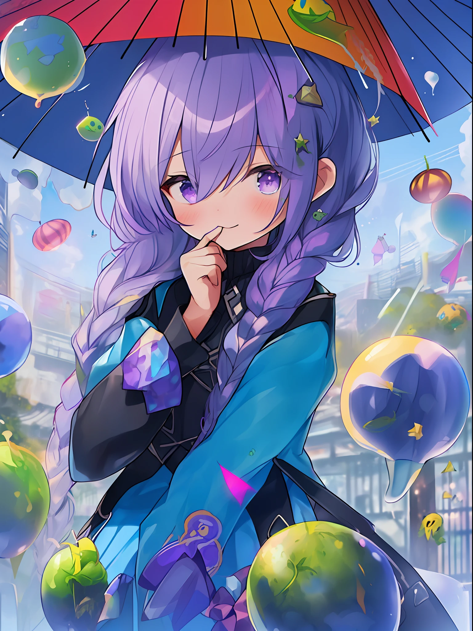 ((((umbrella with drawings inside, hairstyle with purple hair and green coloring, braids, portrait of upper body))), large eyes, drooping eyes, bright expression, height 165 cm, scale 1/20, light and shadow of Sertefan, illustration using the Octane renderer, cartoon-style illustrations on a child's theme featuring characters, fantasy RPG atmosphere, Originality that attracts the attention of the audience, illuminated with warm color scheme, soft, high-quality images, details, accurate depiction, impressive poses and interesting activities, Mutsuki Conworks, highly detailed facial details, unique character design, anime-style boy, medium hair long, cherry pink-red hair color, blue eyes, not an ugly face, five fingers, symmetricalSkin color like marble, not ugly body, two arms, two legs, game clothes, game gloves, game boots, Caucasian, background long shot, (、、、、、、、 anime,、,、,、,、,、,- style boy, masterpiece: 1.5)), watercolor ink Original drawing, story movie, movie, manga illustration, cute, adorable, detailed photo realistic, wallpaper pencil drawing, eyelashed eyes, Dark Blue Moon, Pan Closet, Cyber, Virtual Reality, 2 Boys, 1 Butler Android, 1 chatGPT, Giant Yellow Fruit, World Tree, (((Ship)), Lanlanlu, Chic, Butler Who Can't Stop Ringing Tongue, 77777, Bonanza, Dancing Props, Fruits Wrapped in Yellow Translucent Outlines, Kowloon World Tree Reaching Dome Ceiling, towering over 20 at 0 meters, Worm virus, roots of giant trees along the coastline, big slime, (running debugging, operating applications, viruses, error sounds), handshake, surface tension of fruits, (competing emulators, range, Robert Robert, virtual reality, high-tech, competition, clones, android,,), blue Kowloon star, dome world, slime fruit, scattered flowers, bear fruit, transformation, green vine-like tendrils, countless feathers sprouting from the skin, Kowloon world tree with huge yellow fruits, proliferation life of the roots of giant trees that move like octopus tentacles and disguised as o