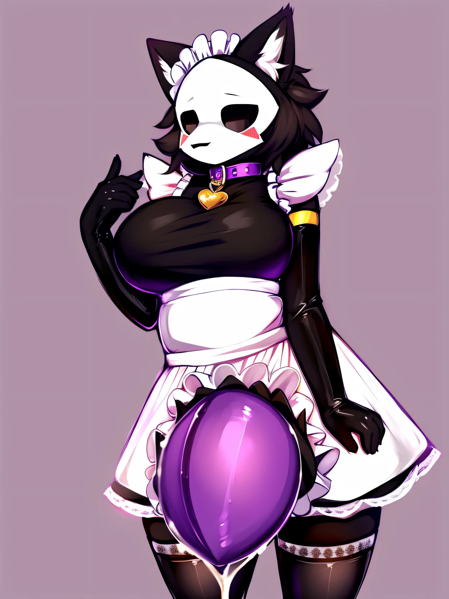 by zackary911, (coffeesoda:1.1), hioshiru, zackary911, puro, bee, anthro, futanari, solo, fur, 2022, lidded eyes, maid outfit, cat maid, large breasts, black skin, black gloves, thigh high socks, collar, tail bow, large purple knot, gigantic balls, huge genitals, watery genitals, hugepurplecock, largedick, presenting, whitecum spewing from hugepurplecock,