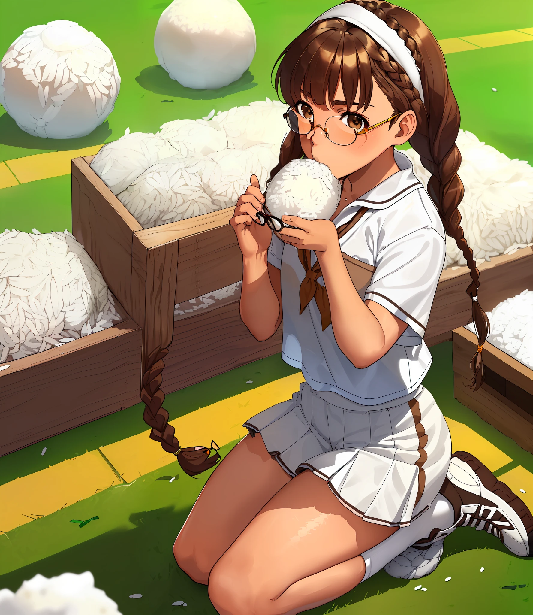 ((A r with Flat Chest)),Big Ass,((Thick Thighs)),((Brown Hair with Braids)),(((White Skin)),((Brown Eyes)),((Short Hairstyle)),(((Glasses)),(Sports Uniform)),((Schoolyard Background)),((Kneeling Eating Rice Ball))