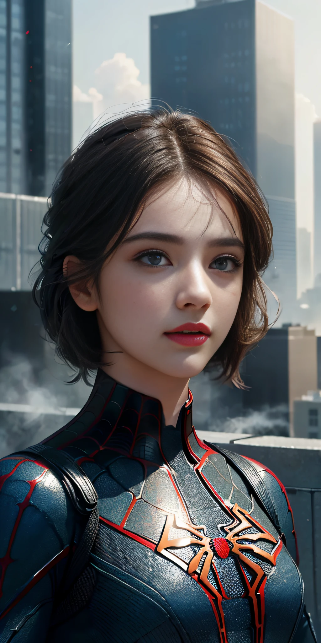 (1girl:1.3), Solo, (((Very detailed face)))), ((Very detailed eyes and face)))), Beautiful detail eyes, Body parts__, Official art, Unified 8k wallpaper, Super detailed, beautiful and beautiful, beautiful, masterpiece, best quality, original, masterpiece, super fine photo, best quality, super high resolution, realistic realism, sunlight, full body portrait, amazing beauty, dynamic pose, delicate face, vibrant eyes, (from the front), She wears Spider-Man suit, red and black color scheme, spider, very detailed city roof background, rooftop, overlooking the city, detailed face, detailed complex busy background, messy, gorgeous, milky white, highly detailed skin, realistic skin details, visible pores, clear focus, volumetric fog, 8k uhd, DSLR, high quality, film grain, fair skin, photo realism, lomography, futuristic dystopian megalopolis, translucent