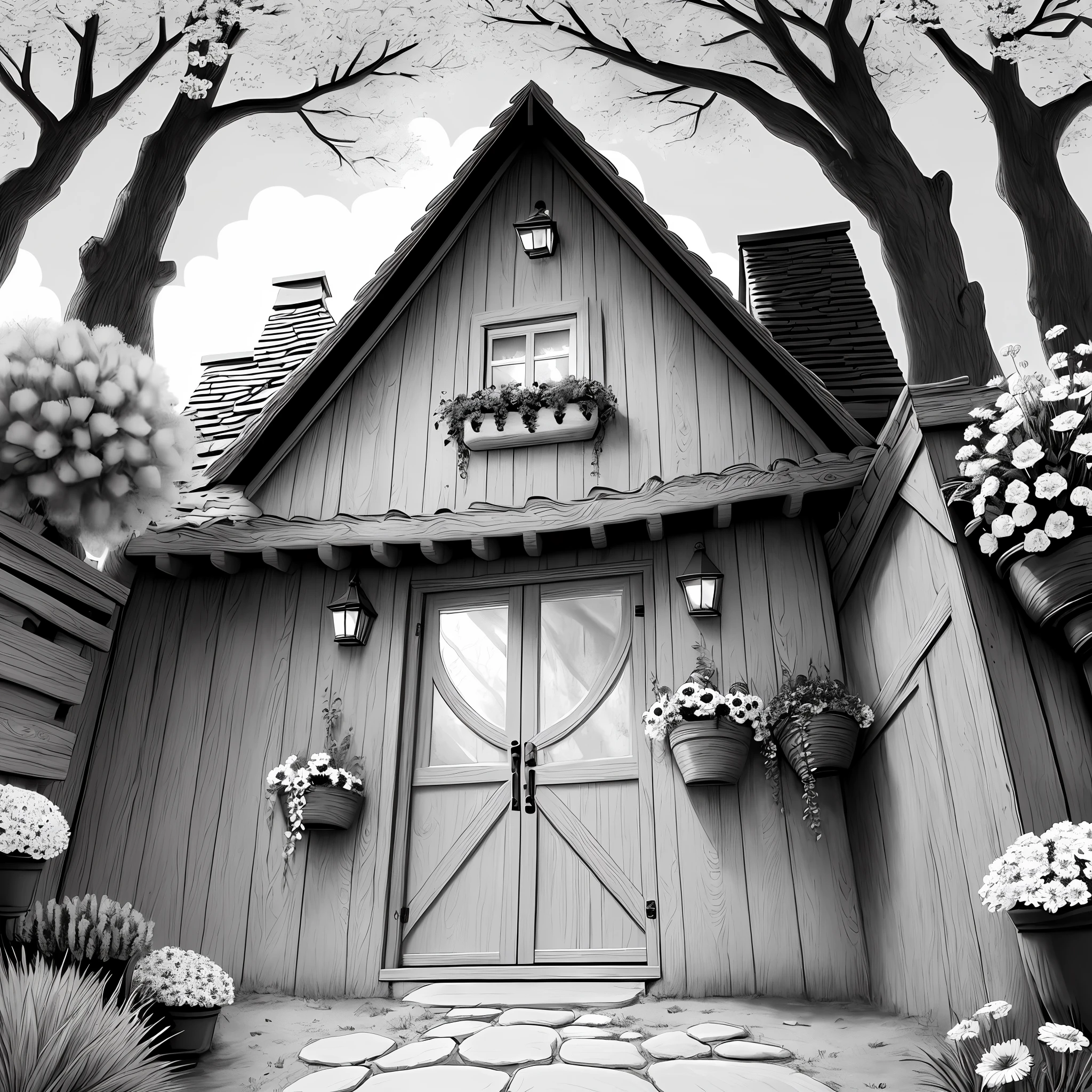Coloring page black and white cute fluffy chihuahua dog, in rabbit hole village with trees and flowers