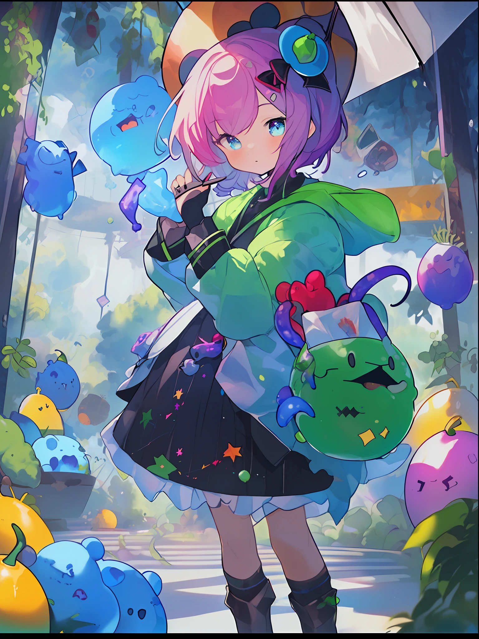 Purple with green coloring hairstyle, upper body portrait, big eyes, drooping eyes, bright expression, height 165 cm, scale 1/20, light and shadow of Sertefan, illustration using Octane renderer, cartoon-style illustration with children's theme featuring characters, fantasy RPG atmosphere, warm color scheme, soft, high quality images, details, Illuminated with accurate depiction, originality that attracts the attention of the audience, impressive poses and interesting activities, Mutsuki Conworks, highly detailed facial details, unique character design, anime-style boy, medium hair long, cherry pink-red hair color, blue eyes, not an ugly face, five fingers, symmetrical, marble-like skin color, not an ugly body, two arms(2 legs, game clothes, game gloves, game boots, Caucasian, background long shot, ((、、、、、、、 anime,、,、,、,、,、,-style boy, masterpiece: 1.5)), watercolor ink original drawing, story movie, movie, manga illustration, cute, adorable, detailed photo realistic, wallpaper pencil drawing, eyelashed eyes, dark blue moon, pan closet, cyber, Virtual Reality, 2 Boys, 1 Butler Android, 1chatGPT, Giant Yellow Fruit, World Tree, (((Ship)), Lanlanlu, Chic, Butler Who Can't Stop Ringing Tongues, 77777, Bonanza, Dancing Props, Fruits Wrapped in Yellow Translucent Outlines, Kowloon World Tree Reaching Dome Ceiling, Towering Over 20 of 0 Meters, Worm Virus, Roots of Giant Trees Along the Coastline, Big Slime, (Debugging Runs, Application Operations, Viruses, Error Sounds), Handshake, Surface Tension of Fruits, (Competing Emulators, Range, Robert Robert, Virtual Reality, High-Tech, Competition, Clones, Android,,), Blue Kowloon Star, Dome World, Slime Fruit, Scattered Flowers, Bear Seed, Metamorphosis, Green Vine-like Tendril, Countless wings sprouting from the skin, Kowloon World Tree with huge yellow fruits, multiplication life of the roots of giant trees disguised as oceans, moving like octopus tentacles, (operating range of application), large slime berries, maintaining