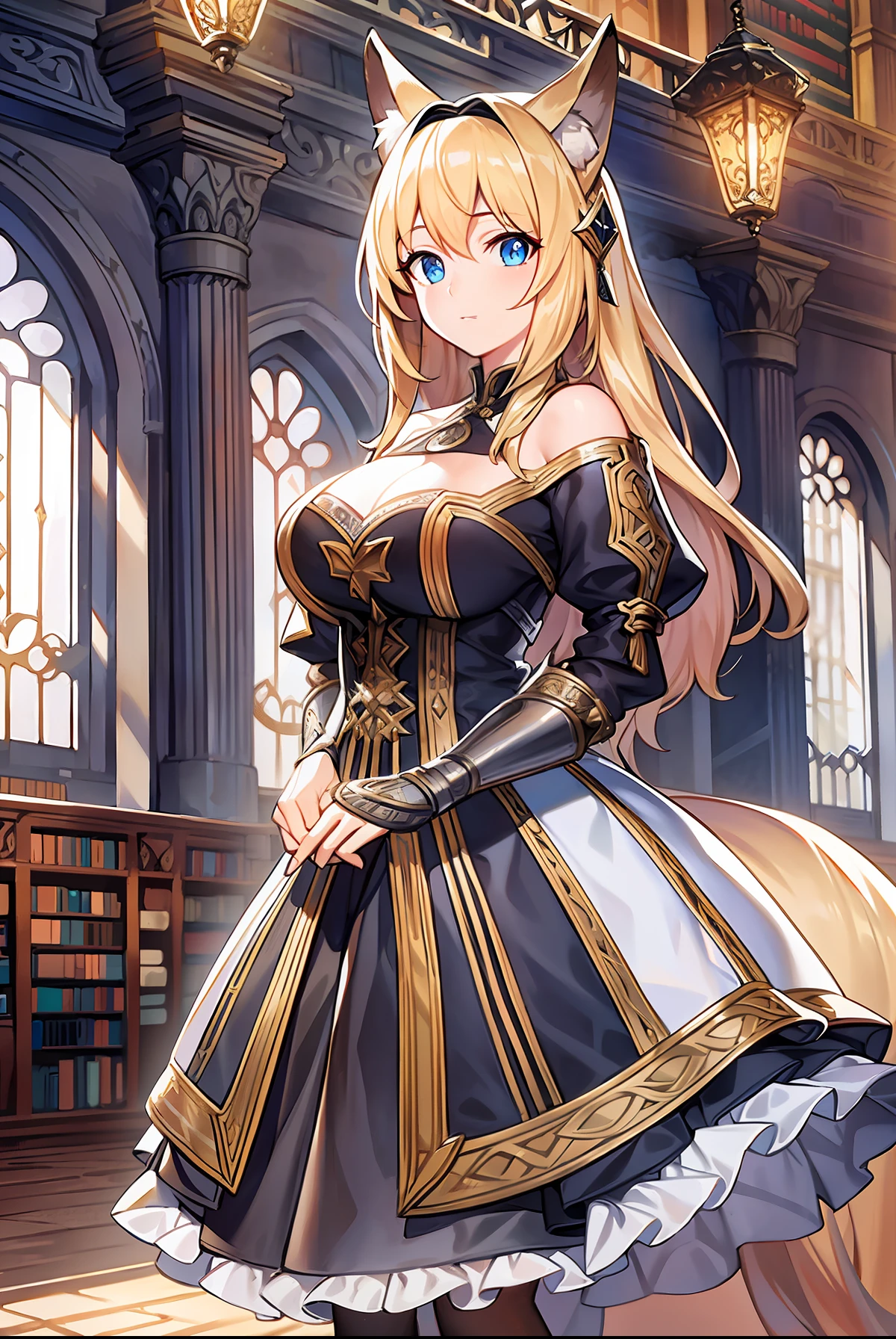 (Medieval: 1.05), Motion Blur, Masterpiece, Best Quality, Solo, Finely Detailed, 4K, Extremely Detailed CG Wallpaper, Game CG, [A Woman, Blonde, (9 Fox Tails: 1.25), Black and White Off-the-Shoulder Dress, Lace Trim: : 0.8], Inside the Library