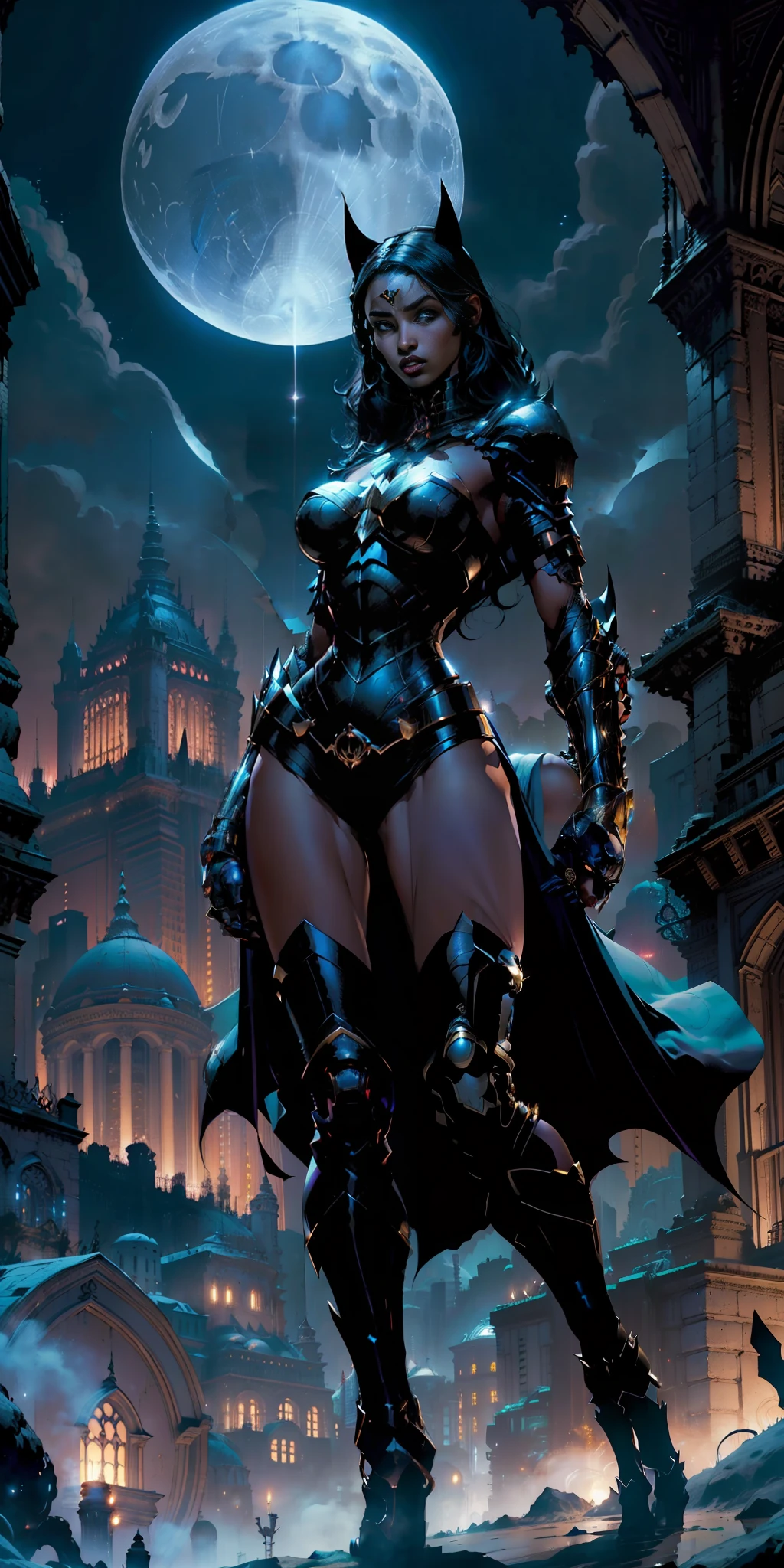 (beautiful African girl), the Dark Knight is imposing in a lost Gothic city. Moonlight highlights her slender body of large breasts, The scenery is lush and mysterious, with futuristic technology and surroundings. The camera details everything, a warrior woman, in front of him.