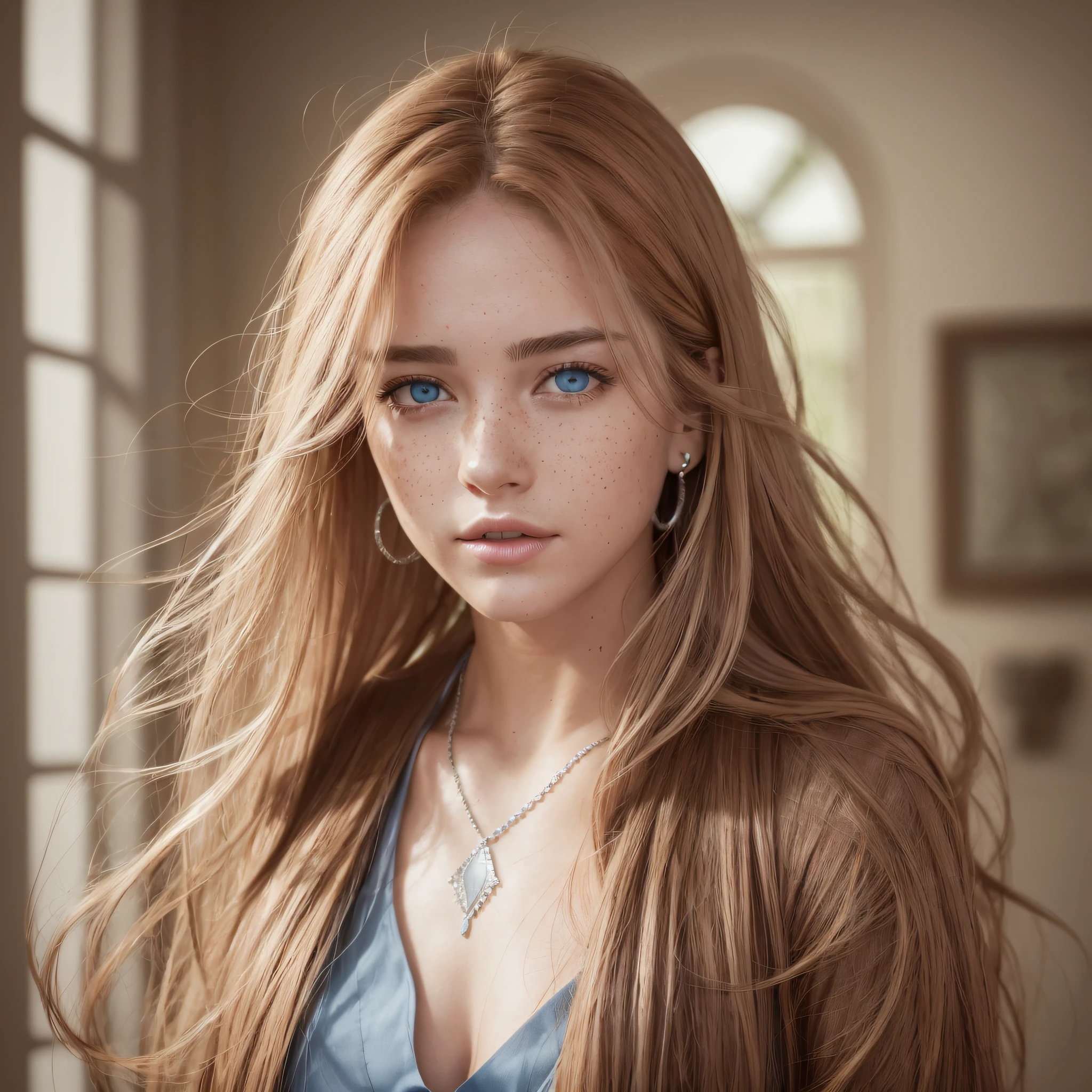 (8k, RAW photo, highest quality), (realistic epic: 1.5), a woman, dynamic posture, erotic face, blue blouse, (detailed eyes: 0.8), (looking at the camera: 1.4), (highest quality), (best shadow), intricate details, cinematic, ((skin: 1.4)), interior, (long ginger hair flowing: 1.3), dark studio, (hdr: 1.5), detailed, muted colors, freckles, silver necklace, silver earring,  long flowing wavy hair, straight hair, hair down, hair pulled back --auto --s2